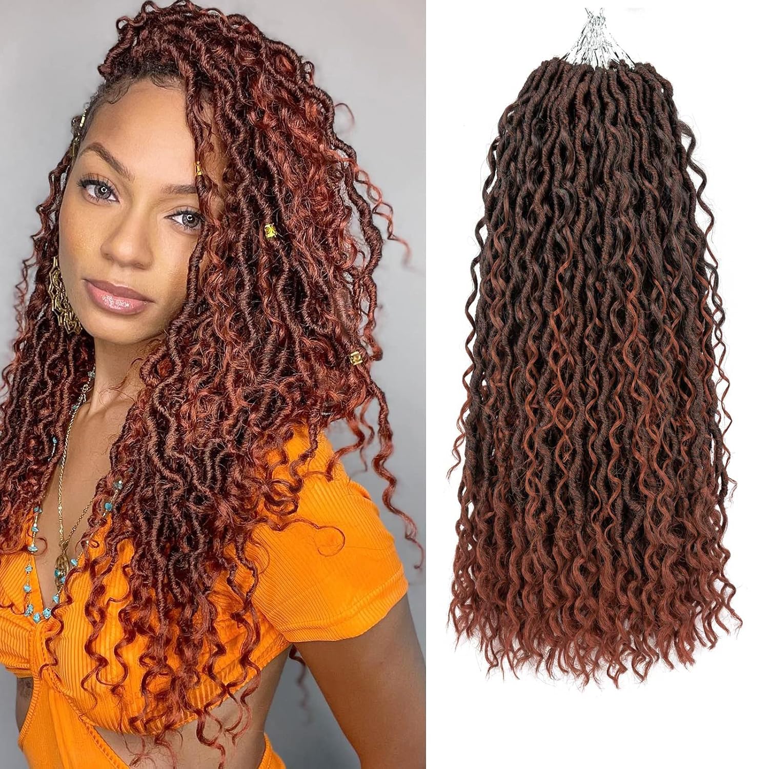 Copper Goddess – Rastas sintéticas de ganchillo con extremos rizados, 7 paquetes de cabello bohemio de ganchillo de 14 pulgadas, cabello de