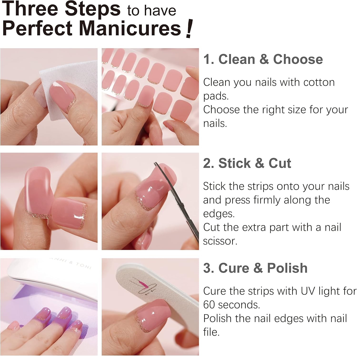 DANNI & TONI Tiras de uñas de gel semicuradas multicolores brillantes (seductores), calcomanías de gel nude para uñas, envolturas de uñas