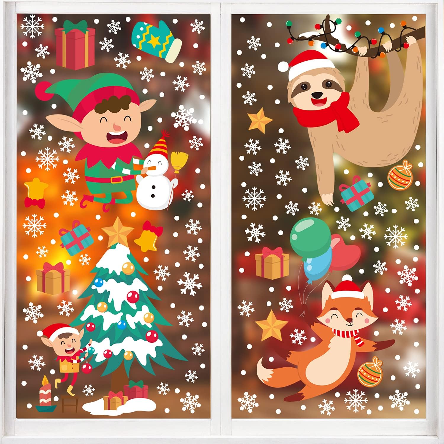 Decoración navideña para ventana, 8 hojas de calcomanías de Navidad para ventana, diseño de copos de nieve de renos de Papá Noel, decoración de