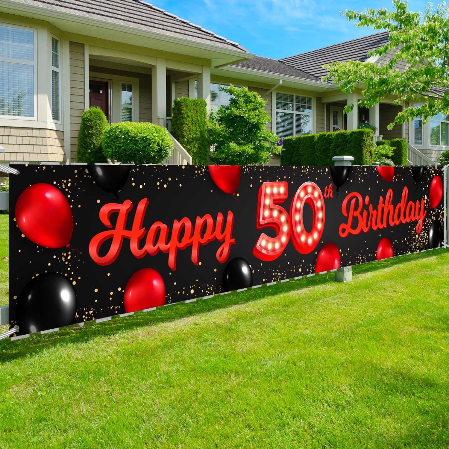 Cartel de feliz cumpleaños número 50 color rojo y negro, globos para decoración temática para patio, jardín, niñas, mujeres, princesas de 50 años,