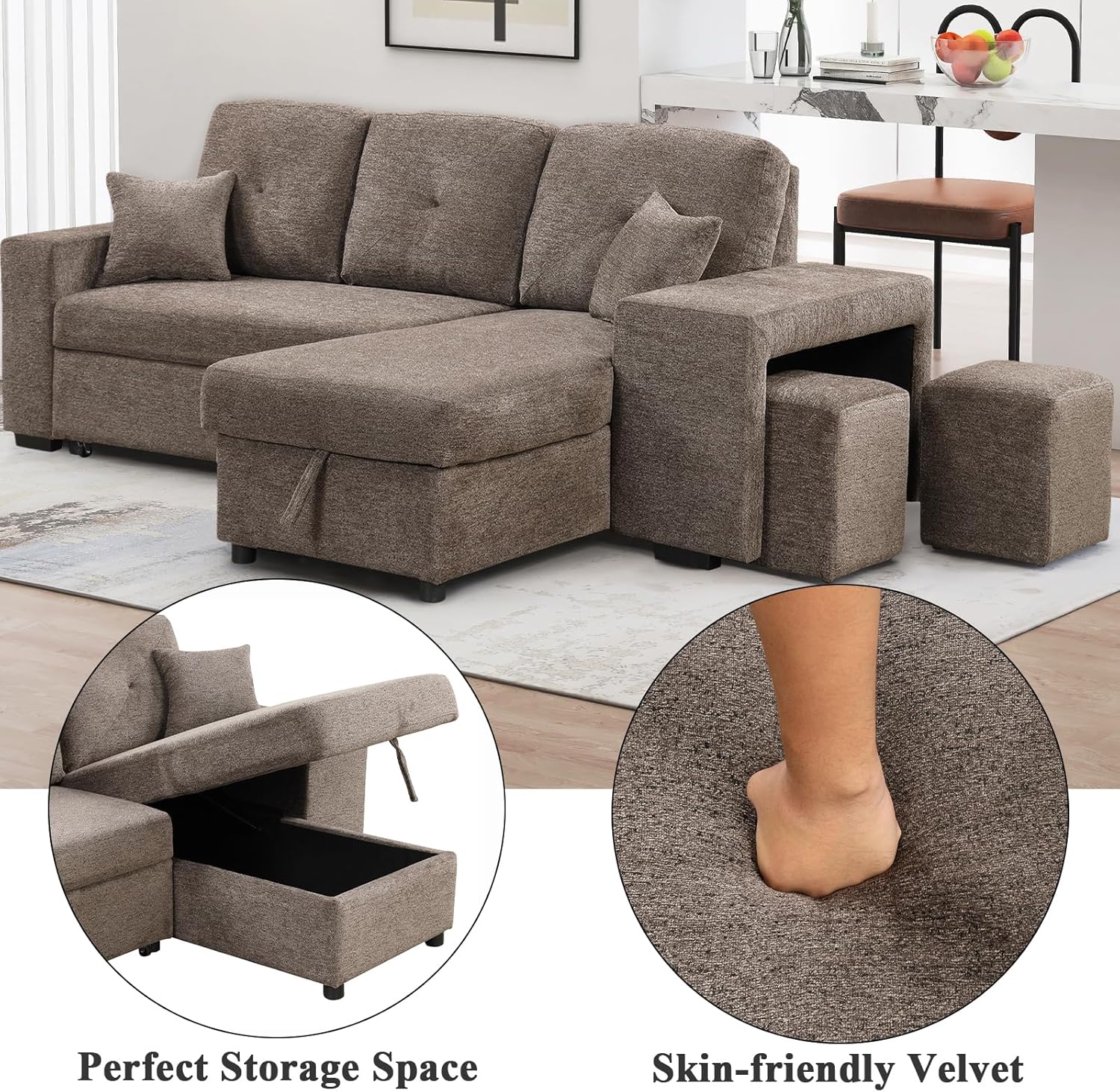 Sofá cama de 95 pulgadas, sofá cama en forma de L de 3 plazas con diván de almacenamiento, sofá cama convertible extraíble, sofá cama seccional para