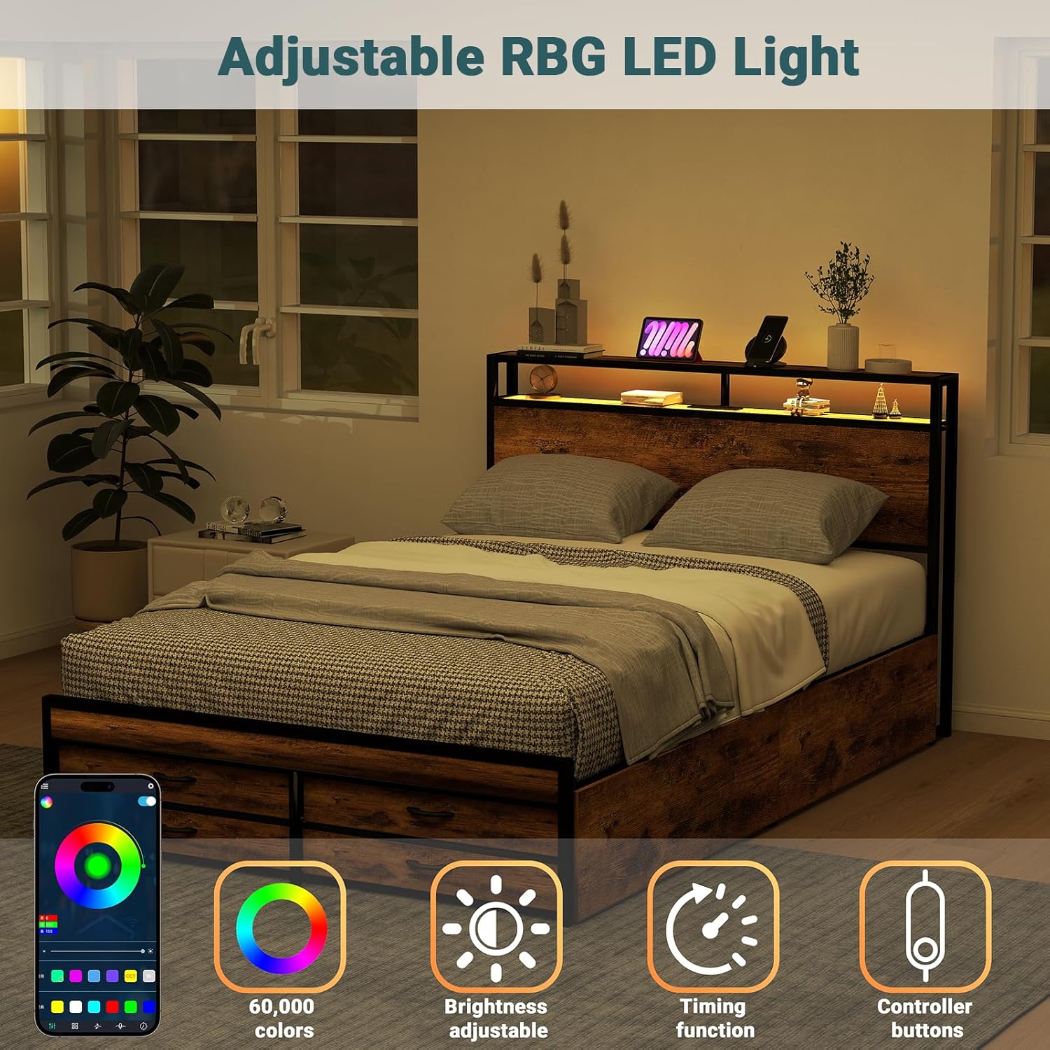Base de cama tamaño Queen con 8 cajones de almacenamiento, cama de plataforma Queen resistente con cabecera y estribo de madera, diseño sin ruido,