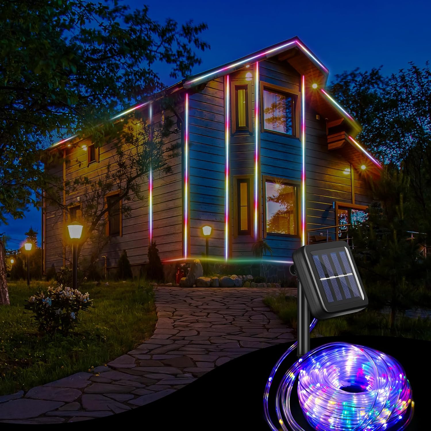 2 tiras de luces solares de 300 LED de 100 pies cada una para exteriores, impermeables, para campamento, 8 modos de iluminación, tubo de PVC