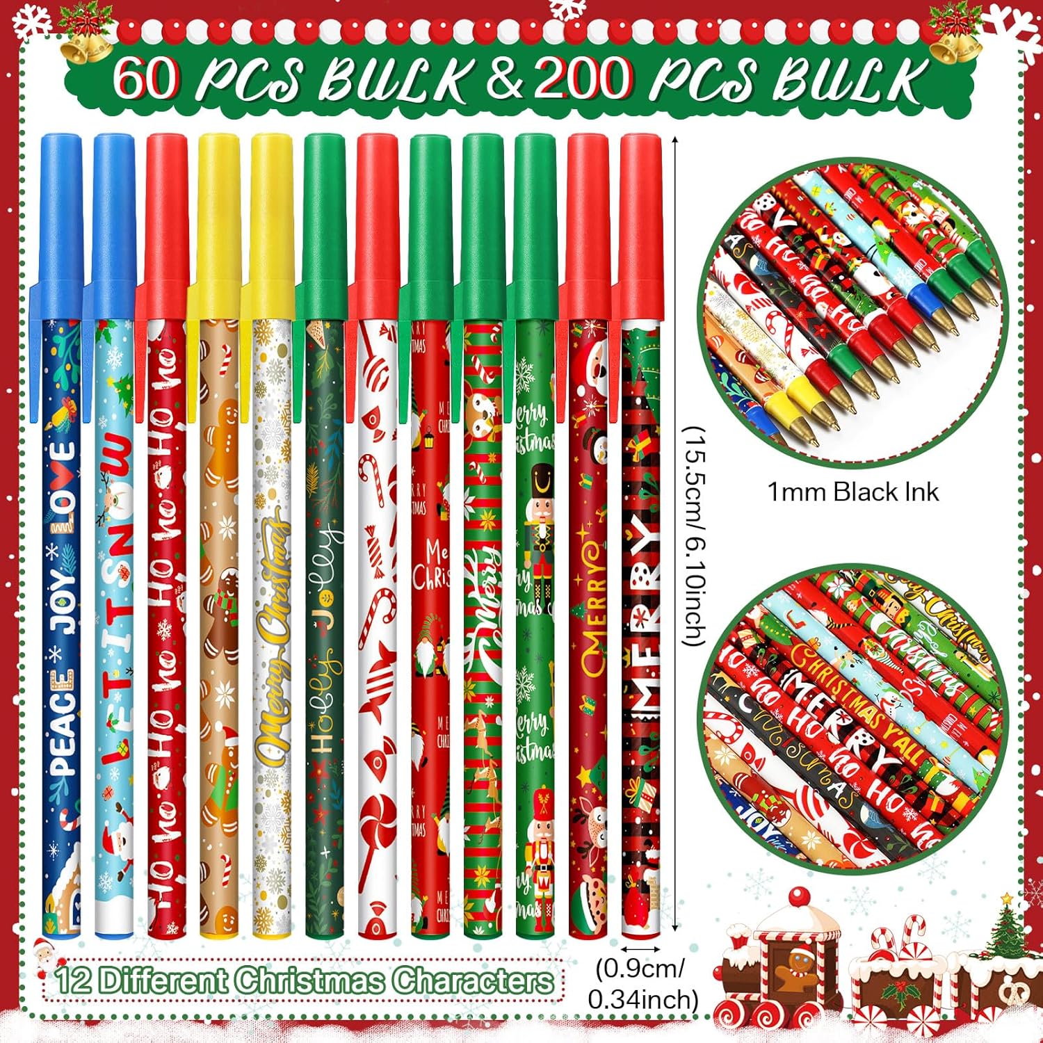 Funrous 200 bolígrafos de Navidad a granel para adultos y niños, novedosos bolígrafos de Navidad para niños y adultos, escuela, oficina, hogar,