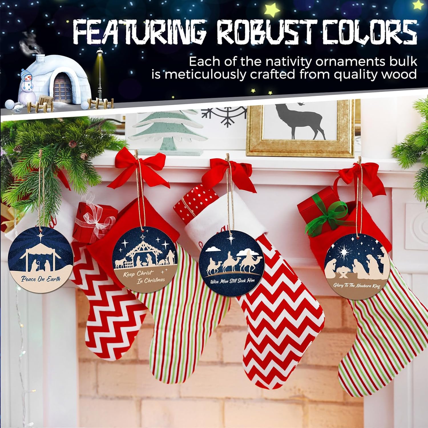 Soaoo 36 adornos de pesebre a granel para árbol de Navidad, adornos de madera para belén, adornos redondos a granel, decoraciones colgantes para