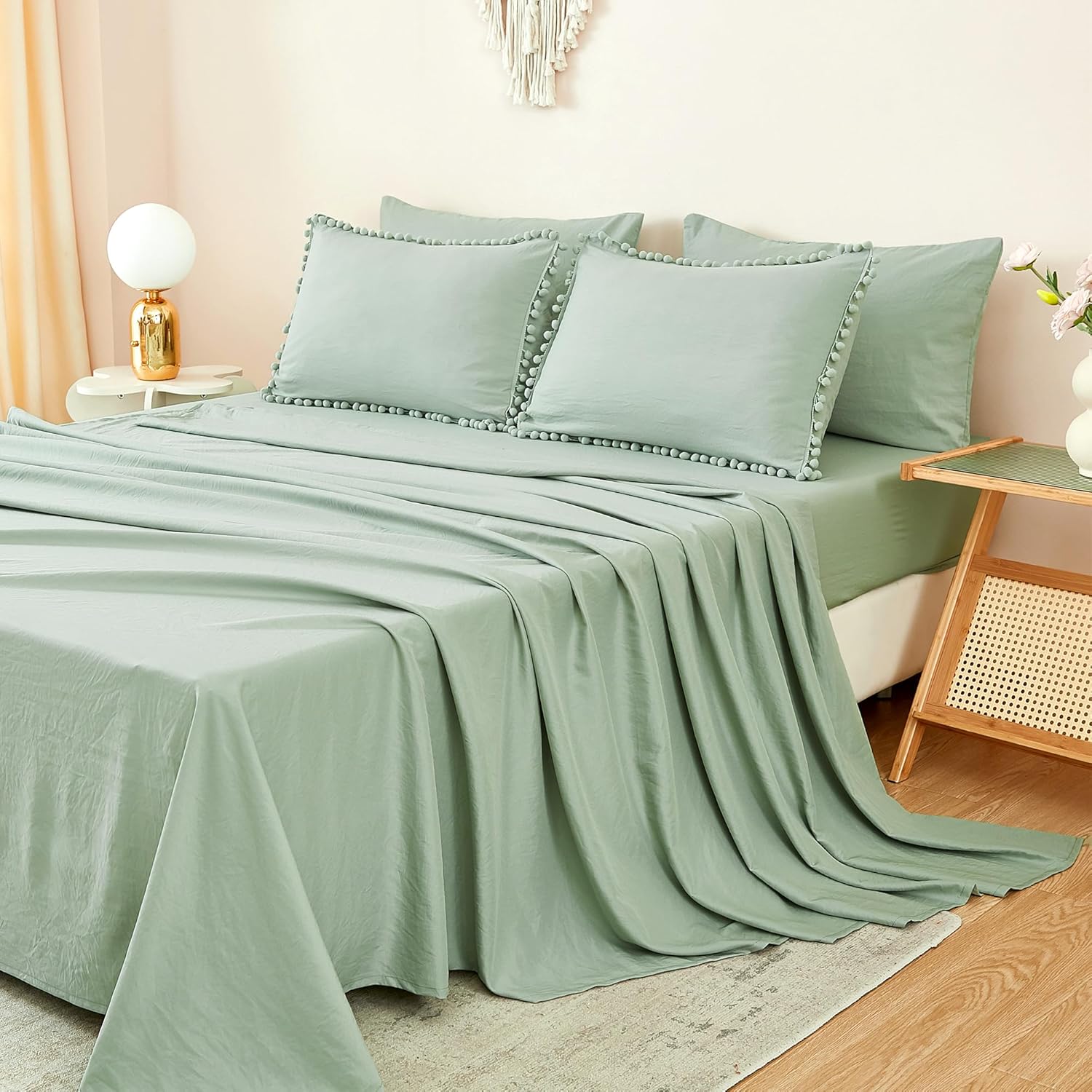 Litanika Juego de edredón tamaño Queen, color verde salvia, edredón de 7 piezas con flecos de pompones, juego de cama bohemio estético con edredón,
