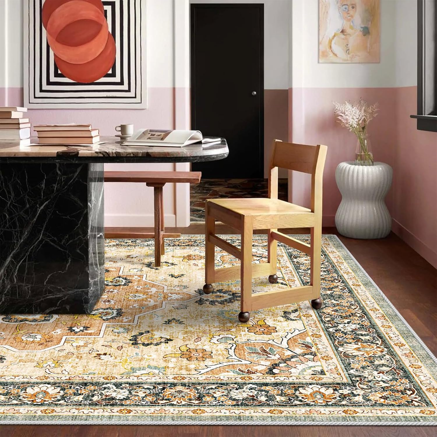 Alfombra oriental lavable de 9 x 12 pies, alfombra suave para sala de estar, dormitorio, impermeable, floral, envejecida, resistente a las manchas,