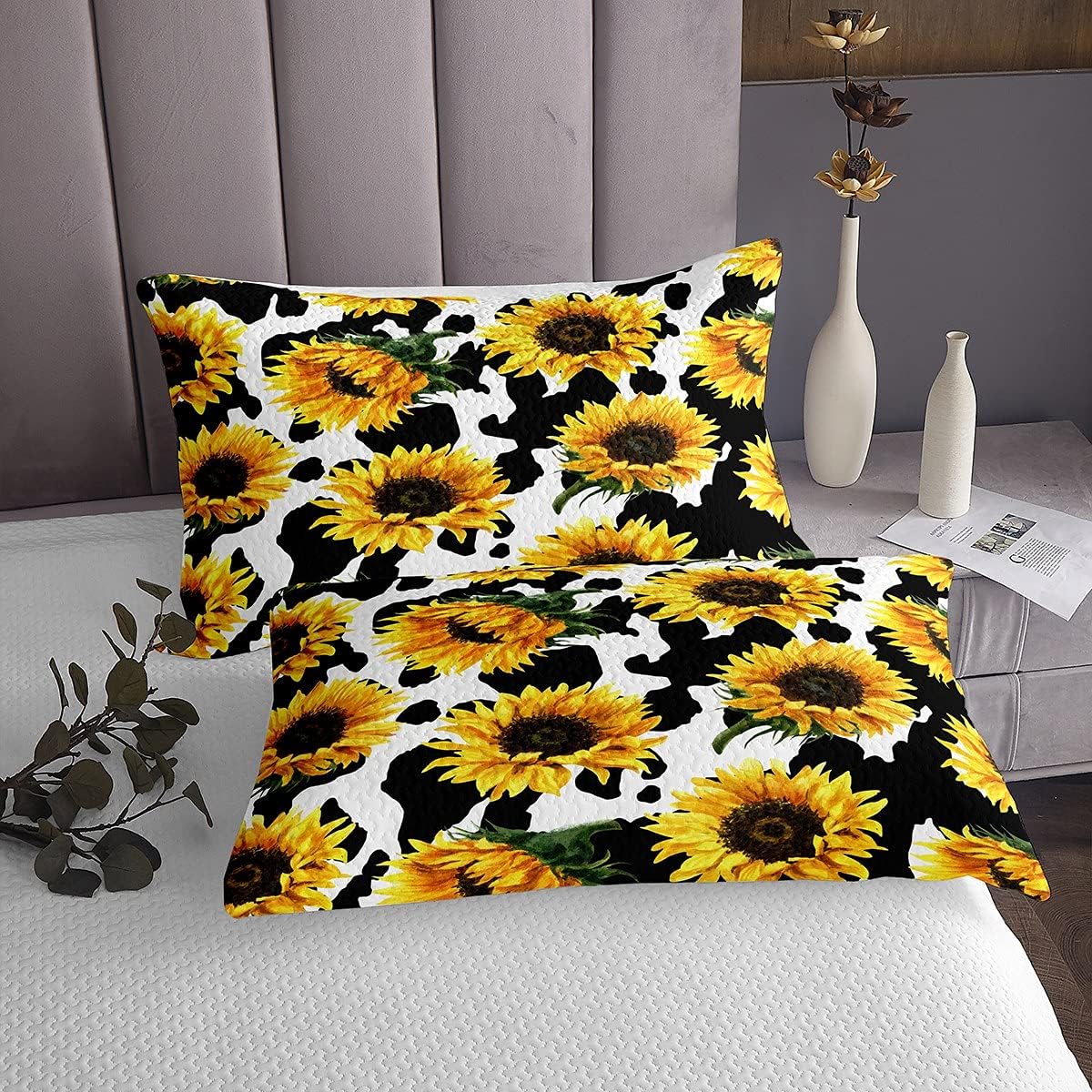 Feelyou Juego de colcha de girasol de vaca, diseño floral botánico, ropa de cama con estampado de flores amarillas, juego de edredón suave y ligero