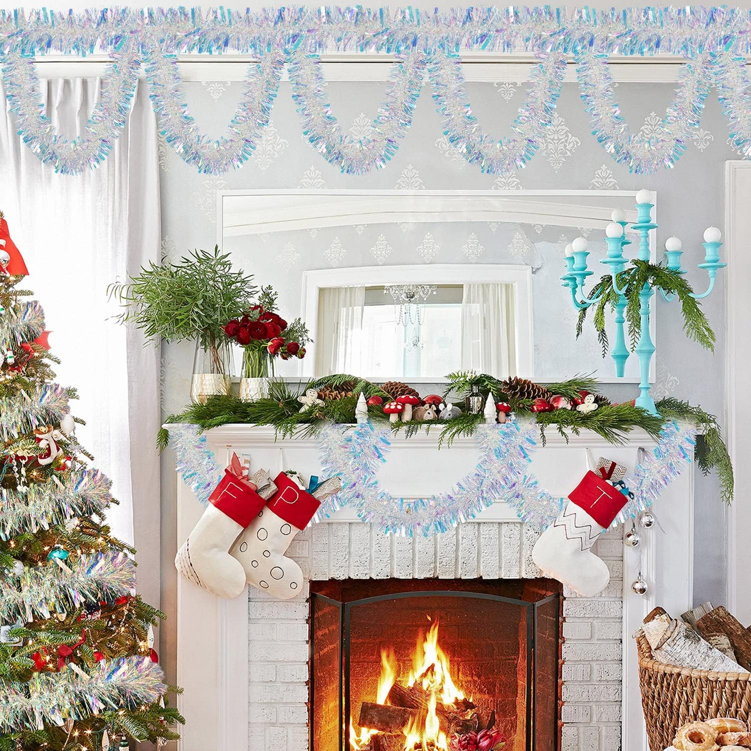 DearHouse Guirnalda de Navidad de oropel blanco de 40 pies, serpentinas metálicas, decoración de árbol de Navidad, suministros de fiesta de Navidad,