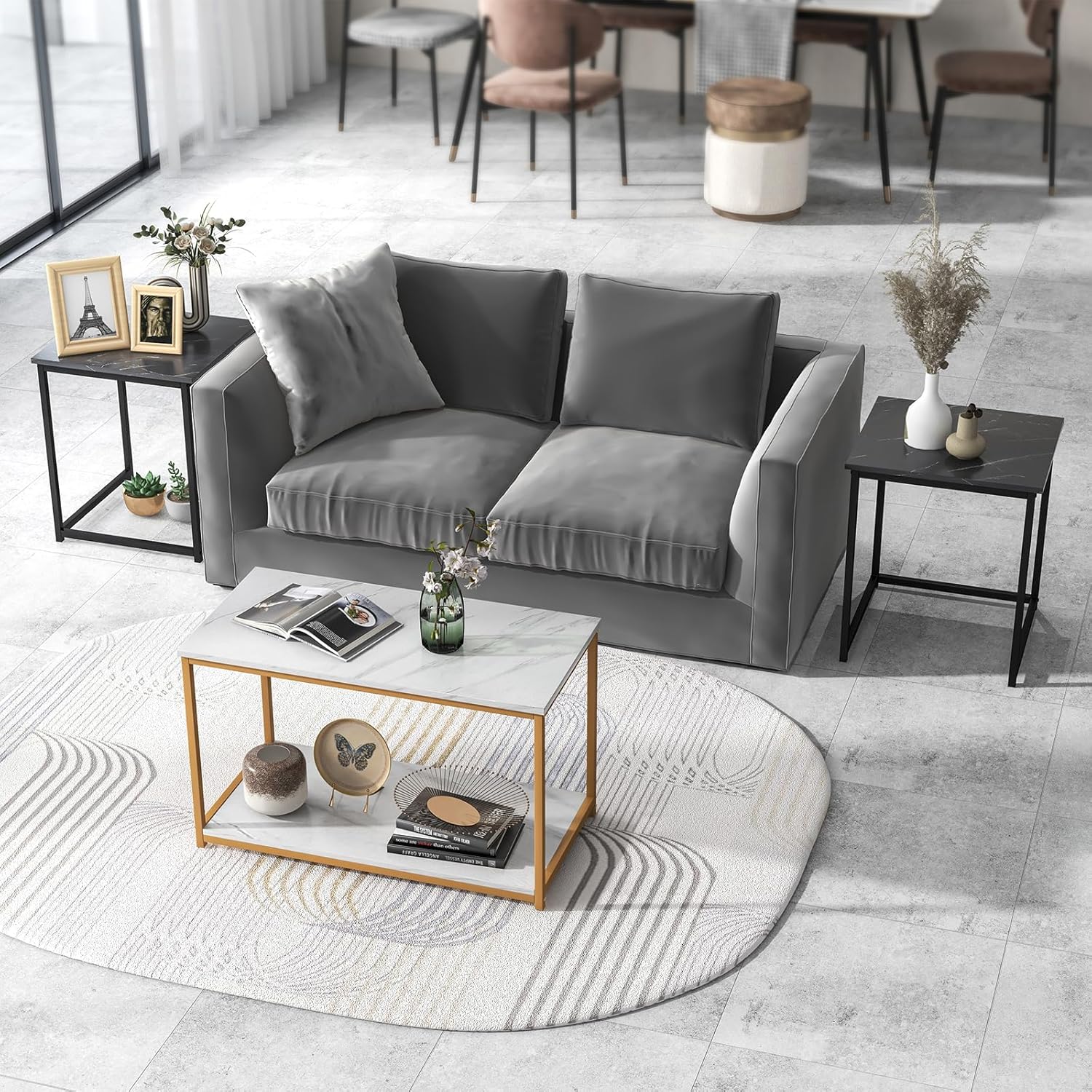 Giantex Moderna mesa auxiliar anidable, juego de 3 mesas auxiliares de mármol sintético con marco de metal resistente, 1 mesa rectangular y 2 mesas