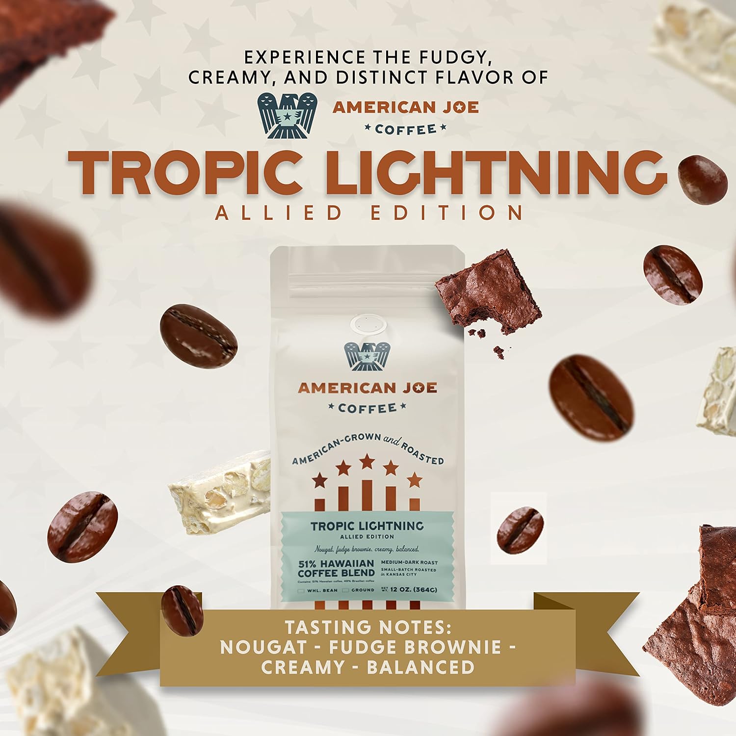 American Joe Tropic Lightning 51% café especial cultivado en Estados Unidos tostado en Kansas City medio oscuro  Grano entero de 12 onzas de café