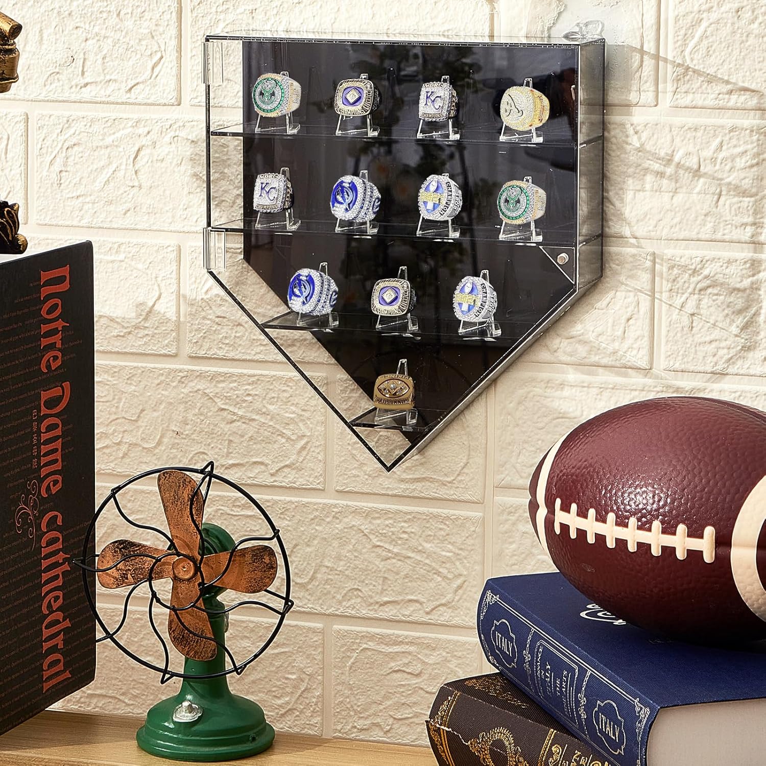Remuuly Vitrina para anillo de campeonato, 12 postes de anillo, soporte para anillo de béisbol, baloncesto, softbol, caja de exhibición con puerta