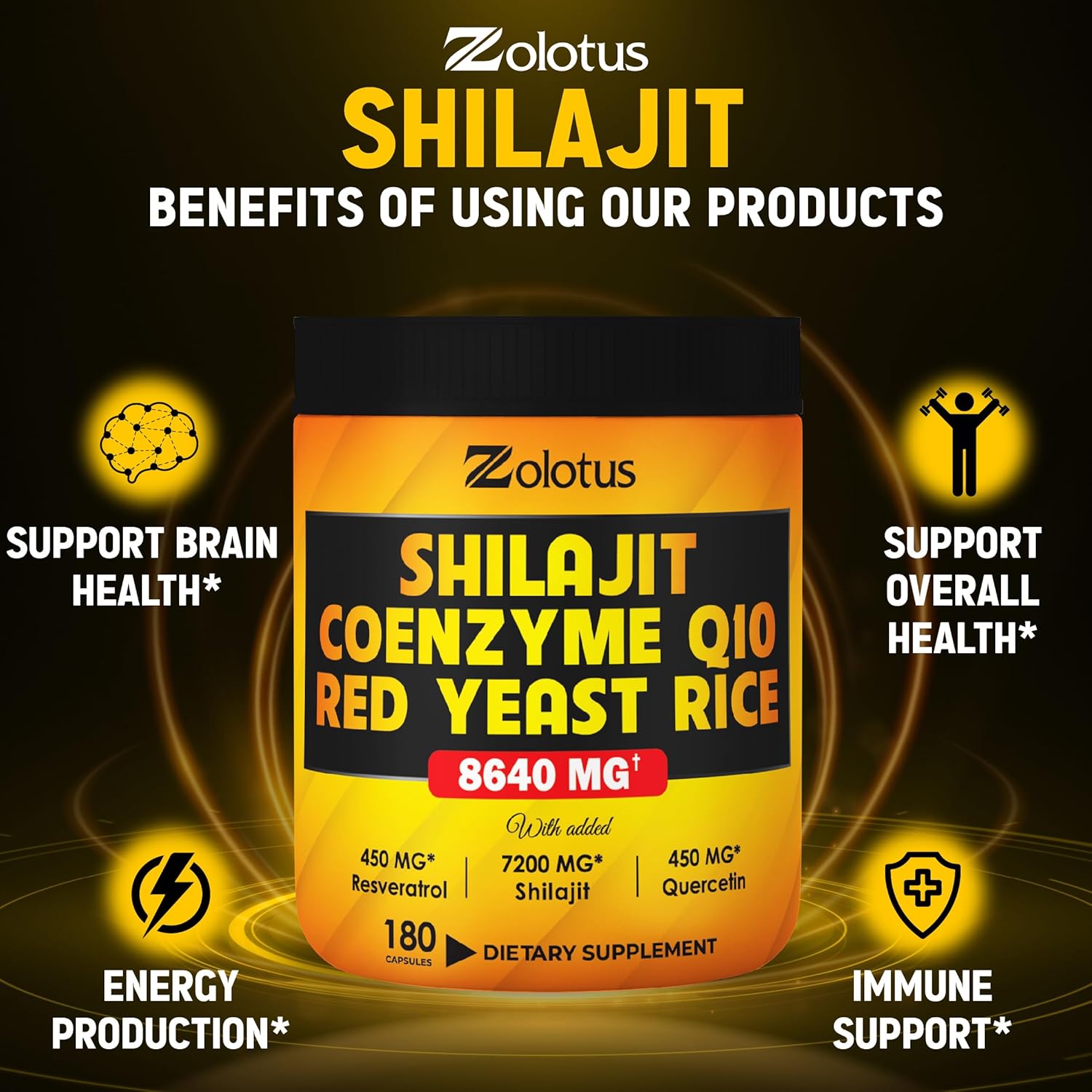 Zolotus Suplemento Shilajit 7 en 1 + arroz de levadura roja, cápsulas de coenzima Q10, equivalente a 8640 mg, con quercetina, resveratrol, vitamina