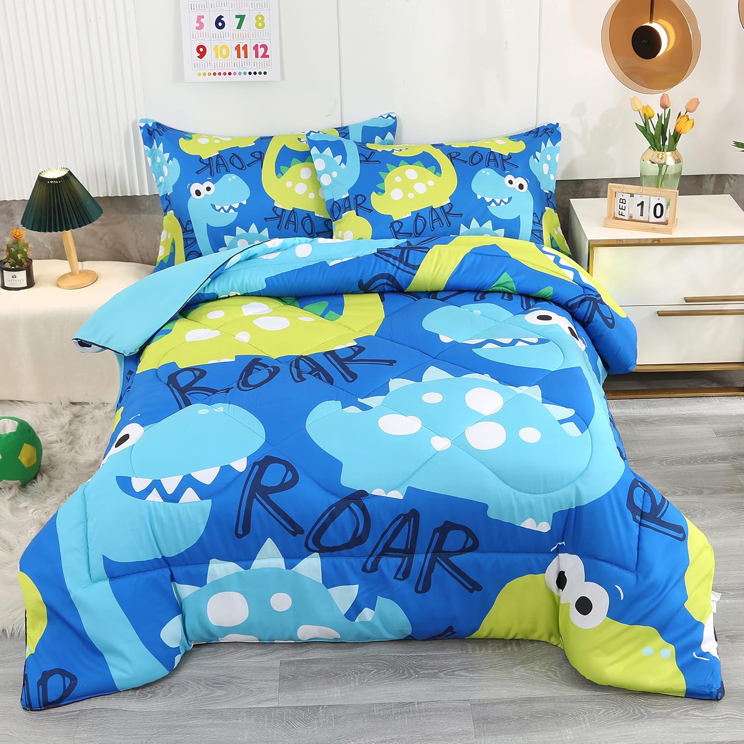 ENCOFT Juego de edredón de dinosaurio tamaño individual para niñas y niños, juego de ropa de cama de dinosaurios de 3 piezas de alta calidad, color