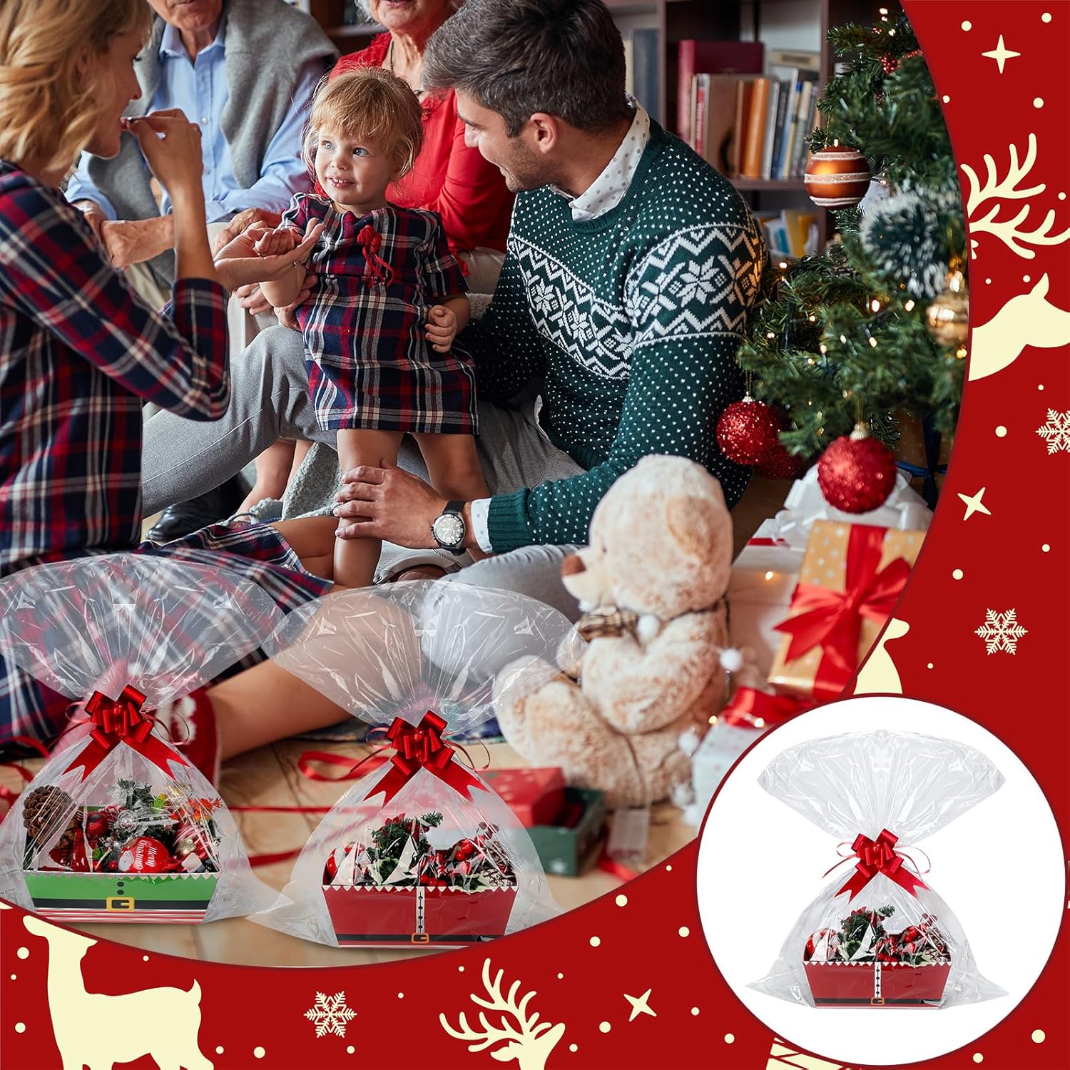 Cholemy El kit de 24 cestas vacías de regalo de Navidad incluye 8 bandejas de mercado de papel kraft con cinturón de elfo de Papá Noel, 8 bolsas y 8