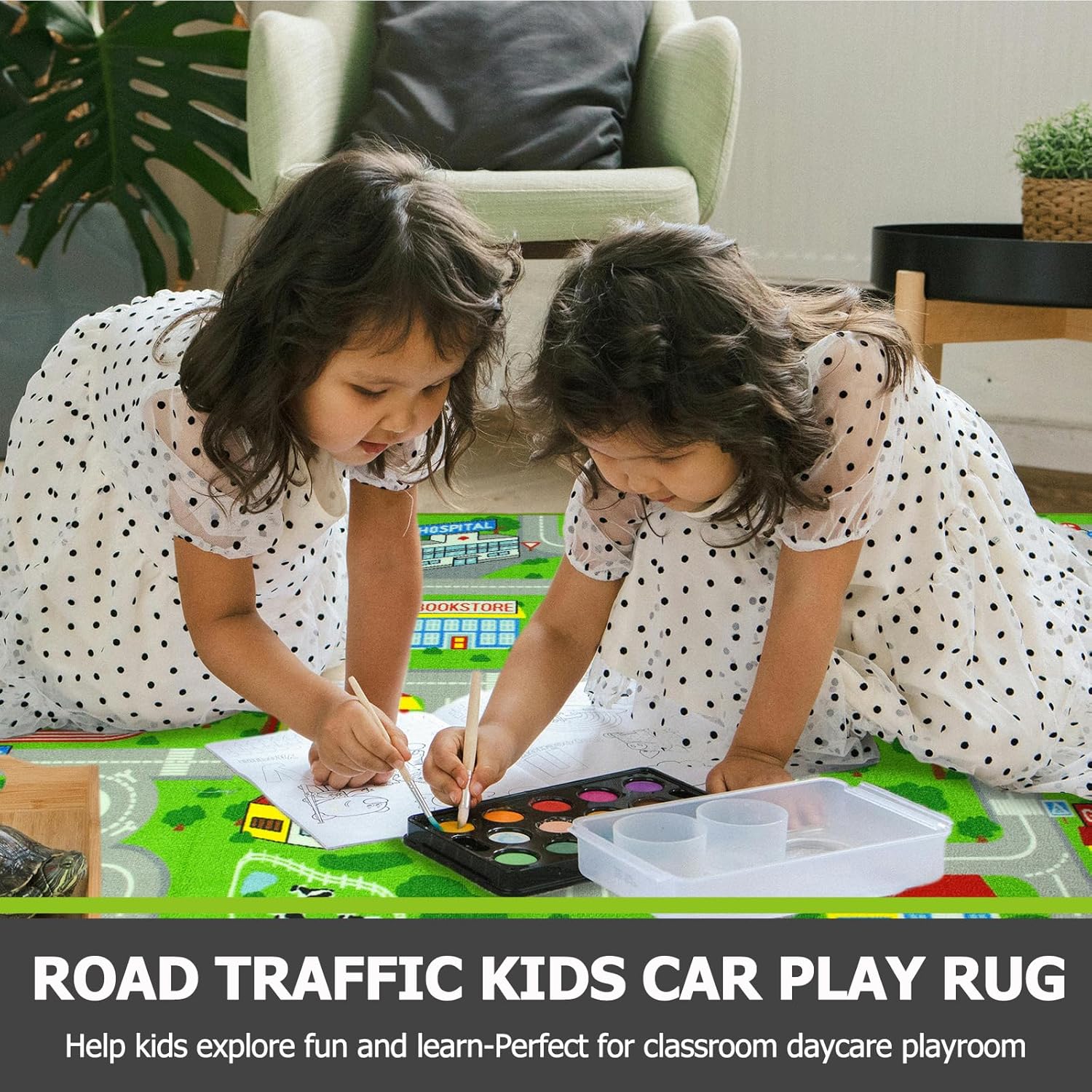 Capslpad Green Car Road Kid Rug Carpet Playmat for Playoom Traffic Road Kids Play Mat for Toddler Non Slip Washable City Map Race Track Carpet Rug