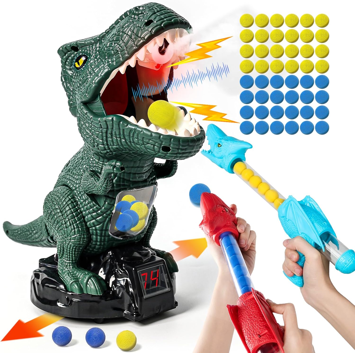 Protado Juguete de disparo de dinosaurios para niños y niñas, juegos de disparo de objetivos móviles con 2 lanzadores de bomba de aire, 48 bolas de