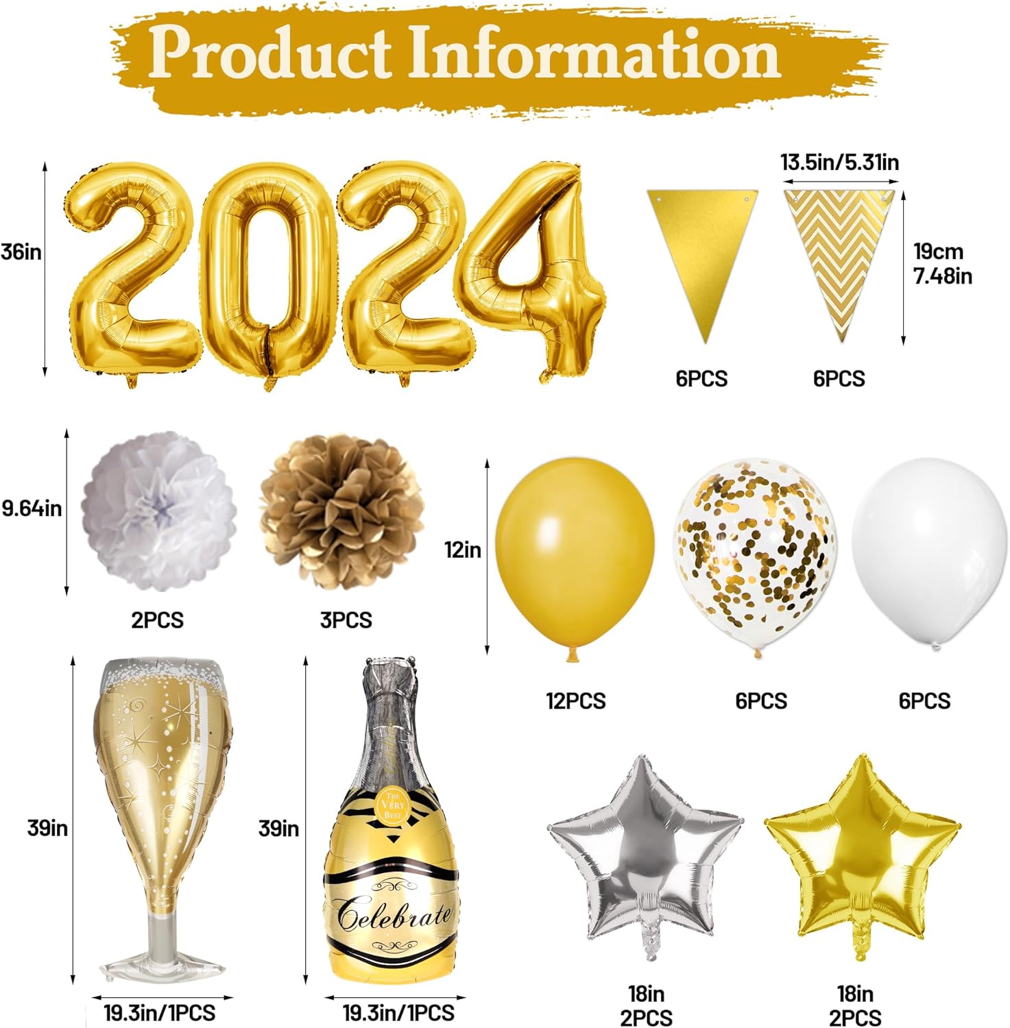 Yawagor – Suministros para fiesta de Año Nuevo 2024, 42 decoraciones doradas para fiestas de Año Nuevo, juego de globos de aluminio de 36 pulgadas,