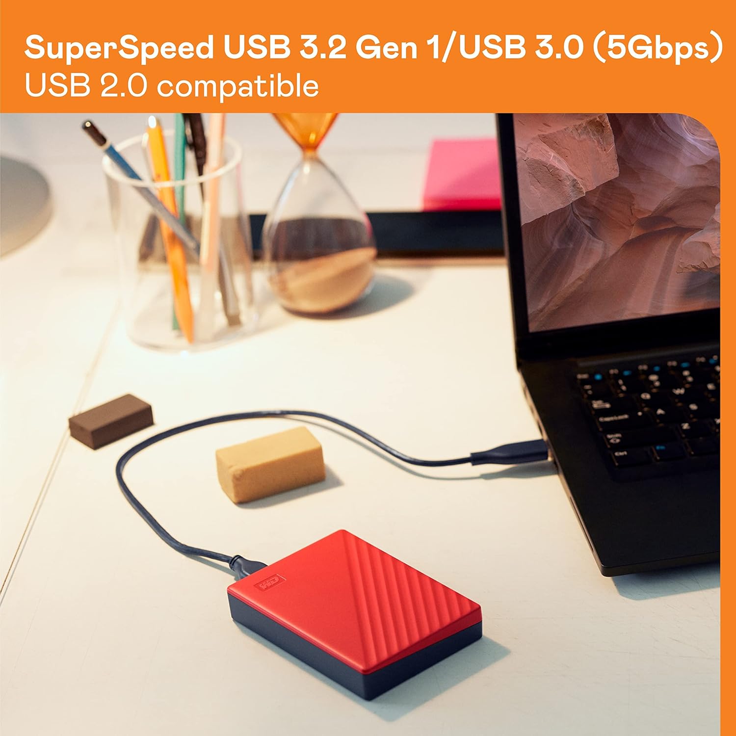 Western Digital Disco duro externo portátil de 1TB My Passport con protección con contraseña y software de respaldo automático, rojo – Western