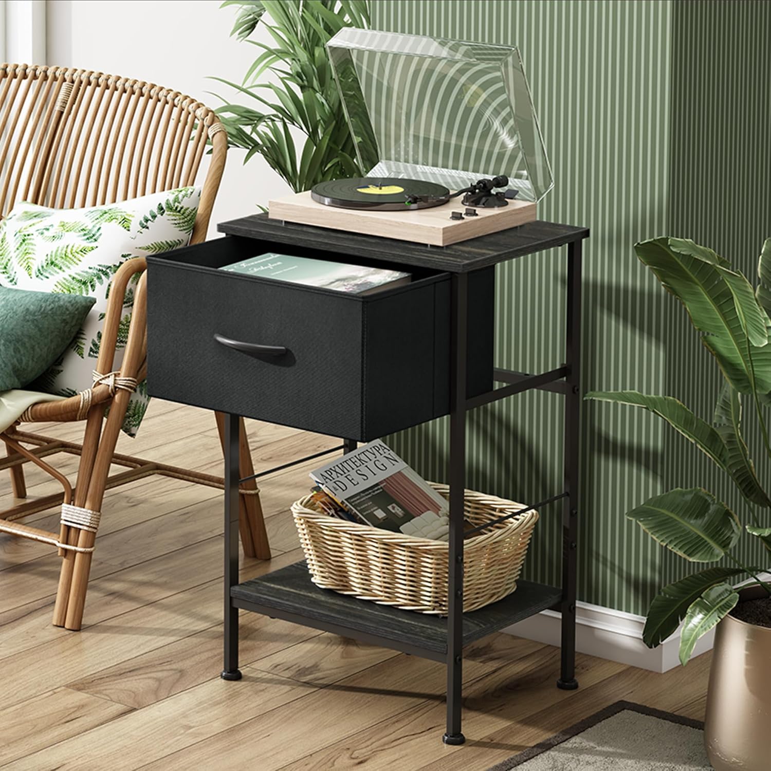 WLIVE Mesita de noche, mesa auxiliar con cajón de almacenamiento de tela y estante de madera abierto, muebles de noche con marco de acero, mesa