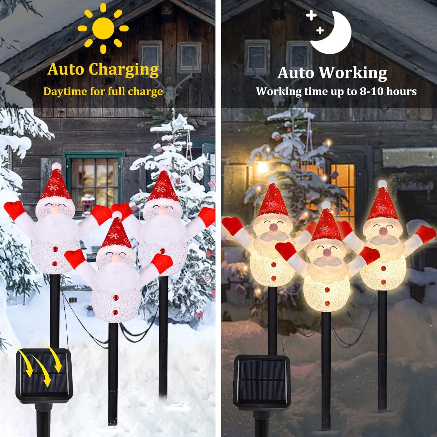 LIGHTSHINE 3 piezas de decoraciones solares de jardín de Navidad con forma de Papá Noel, luces solares de camino, estacas solares de jardín de