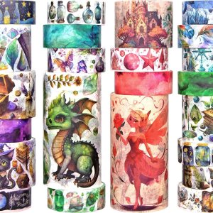 Washi – Juego de 23 rollos de cinta de recortes con temática mágica y de hadas para juego de diario de viñetas, cinta adhesiva de colores para Washi – Juego de 23 rollos de cinta de recortes con temática mágica y de hadas para juego de diario de viñetas, cinta adhesiva de colores para