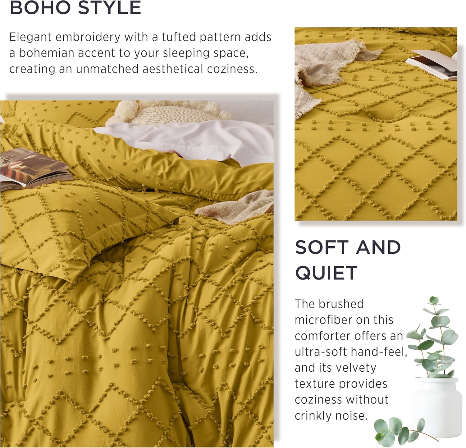 Bedsure Juego de edredón tamaño King  Edredón amarillo mostaza, juego de ropa de cama bohemio desgastado chic, juego de ropa de cama de 3 piezas