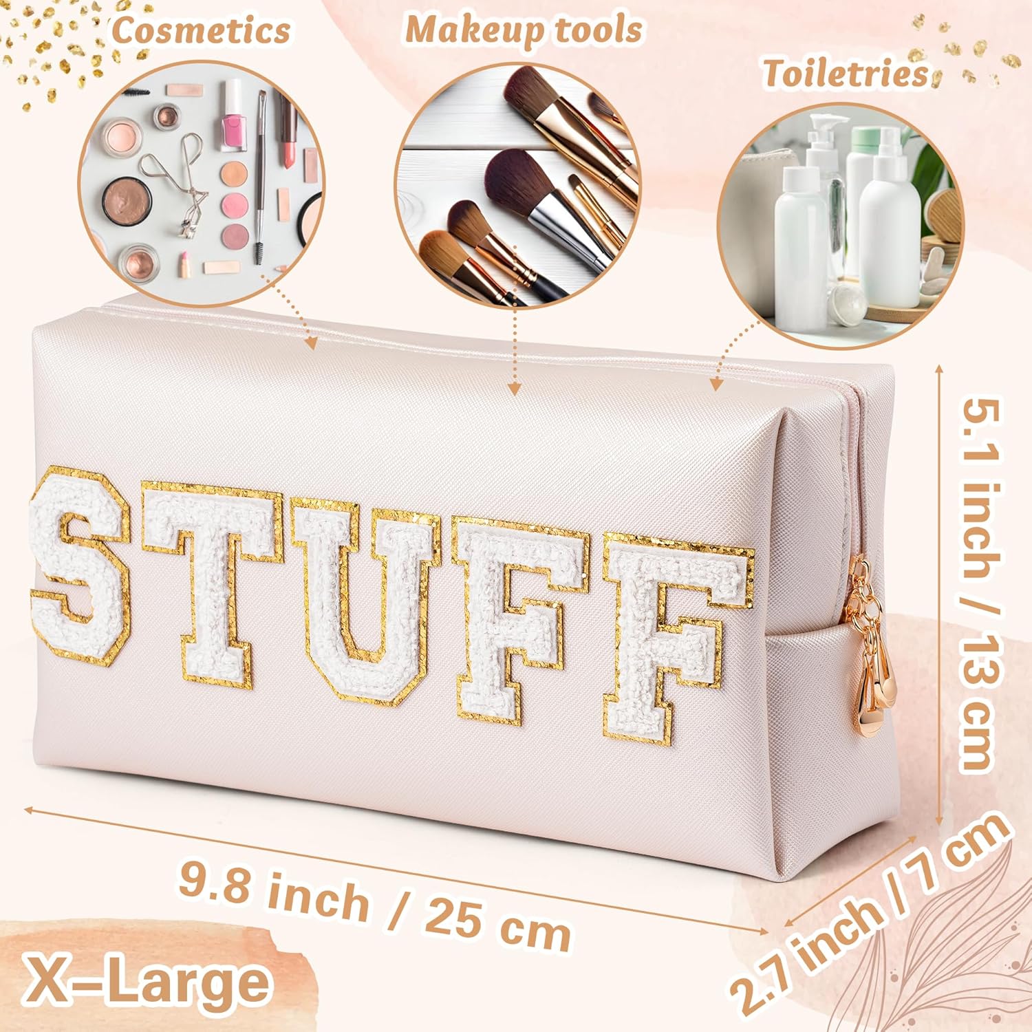 Y1tvei Preppy Patch STUFF – Bolsa de cosméticos de felpilla blanca extra grande, de piel sintética, impermeable, portátil, con letras