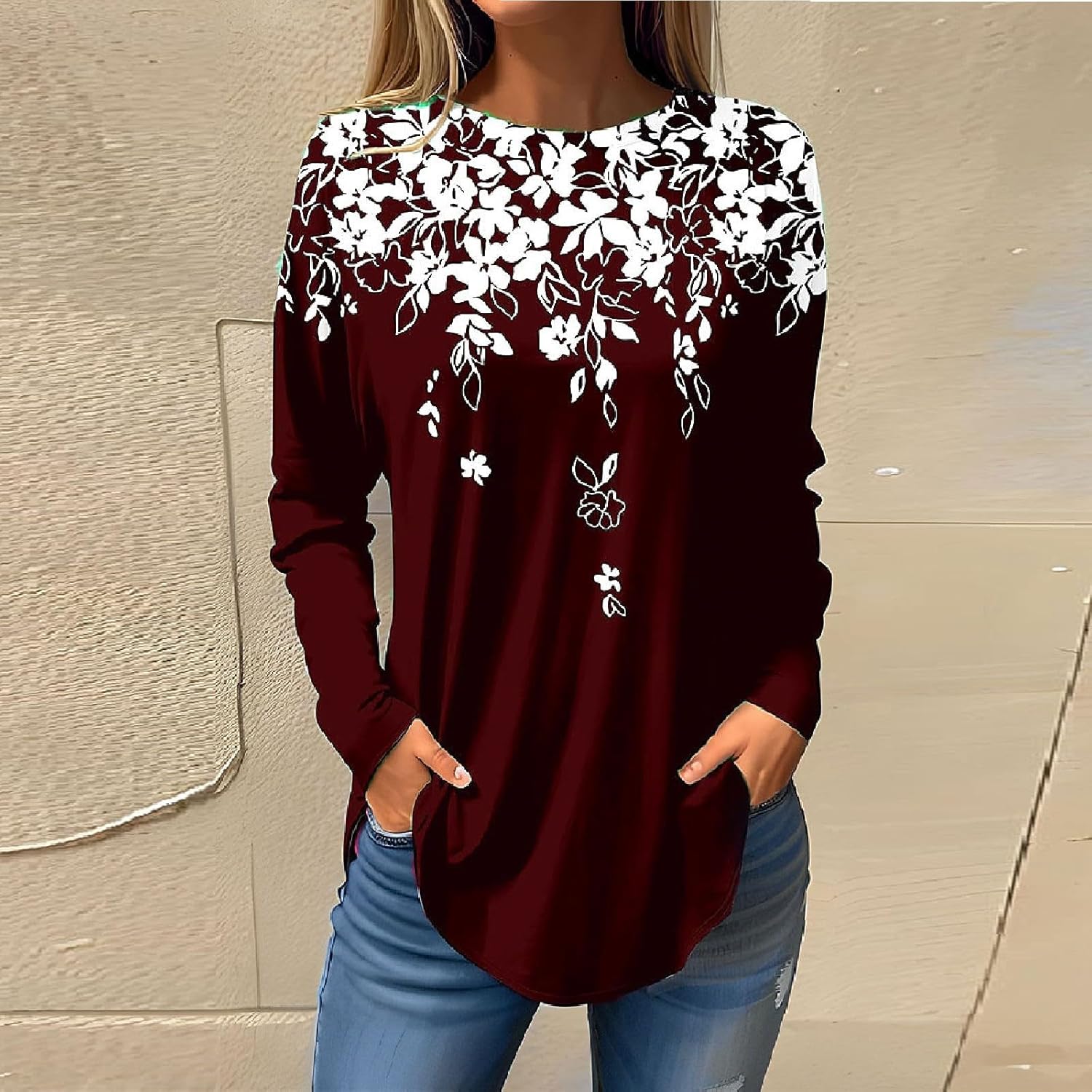 Camisetas casuales para mujer, de manga larga, cuello redondo, para otoño, talla grande, para invierno, color sólido, sudaderas sueltas