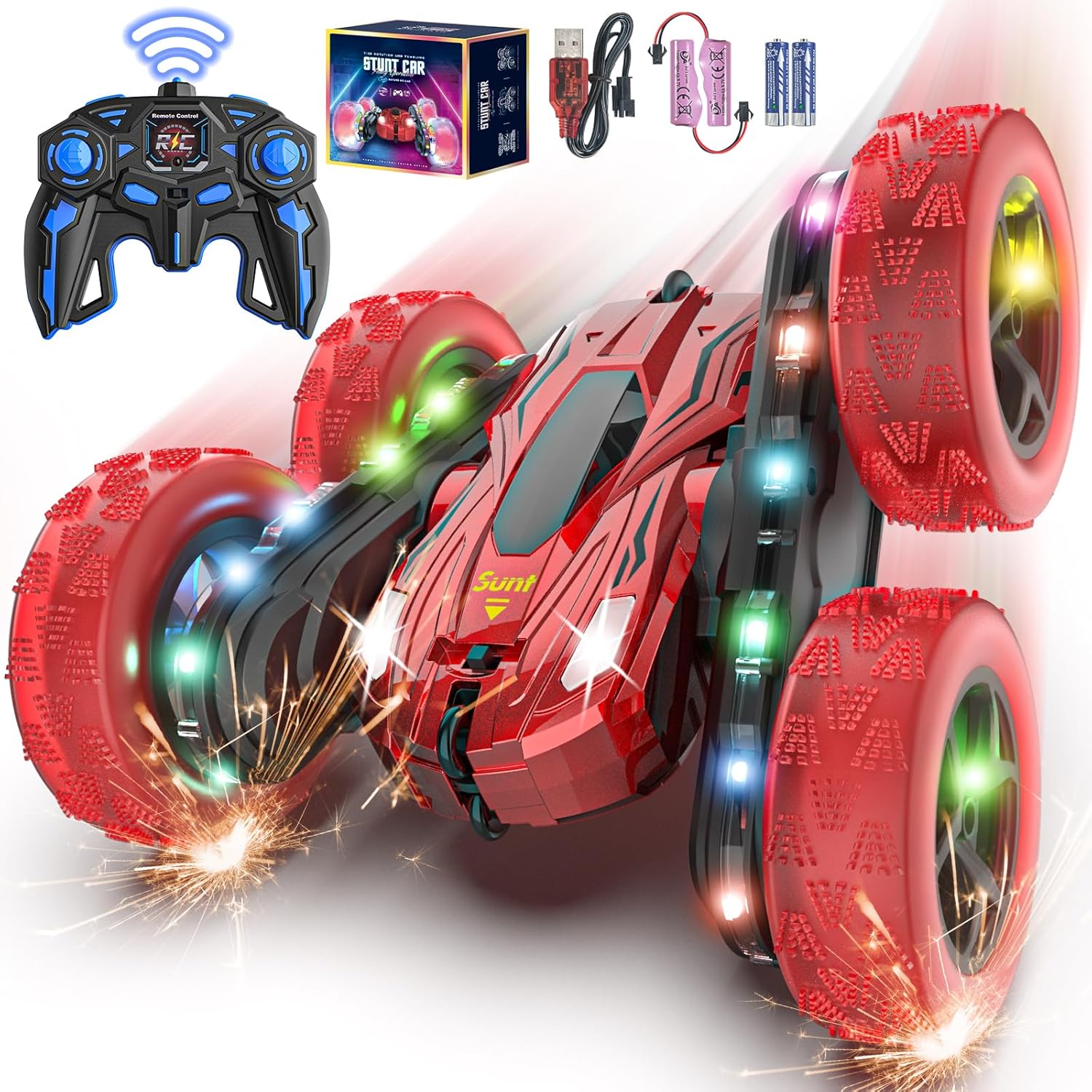 QMUNST Coche de control remoto, autos a control remoto con luces que fluyen, luces de rueda y faros, 2.4 GHZ 4WD, auto de control remoto rápido, 360