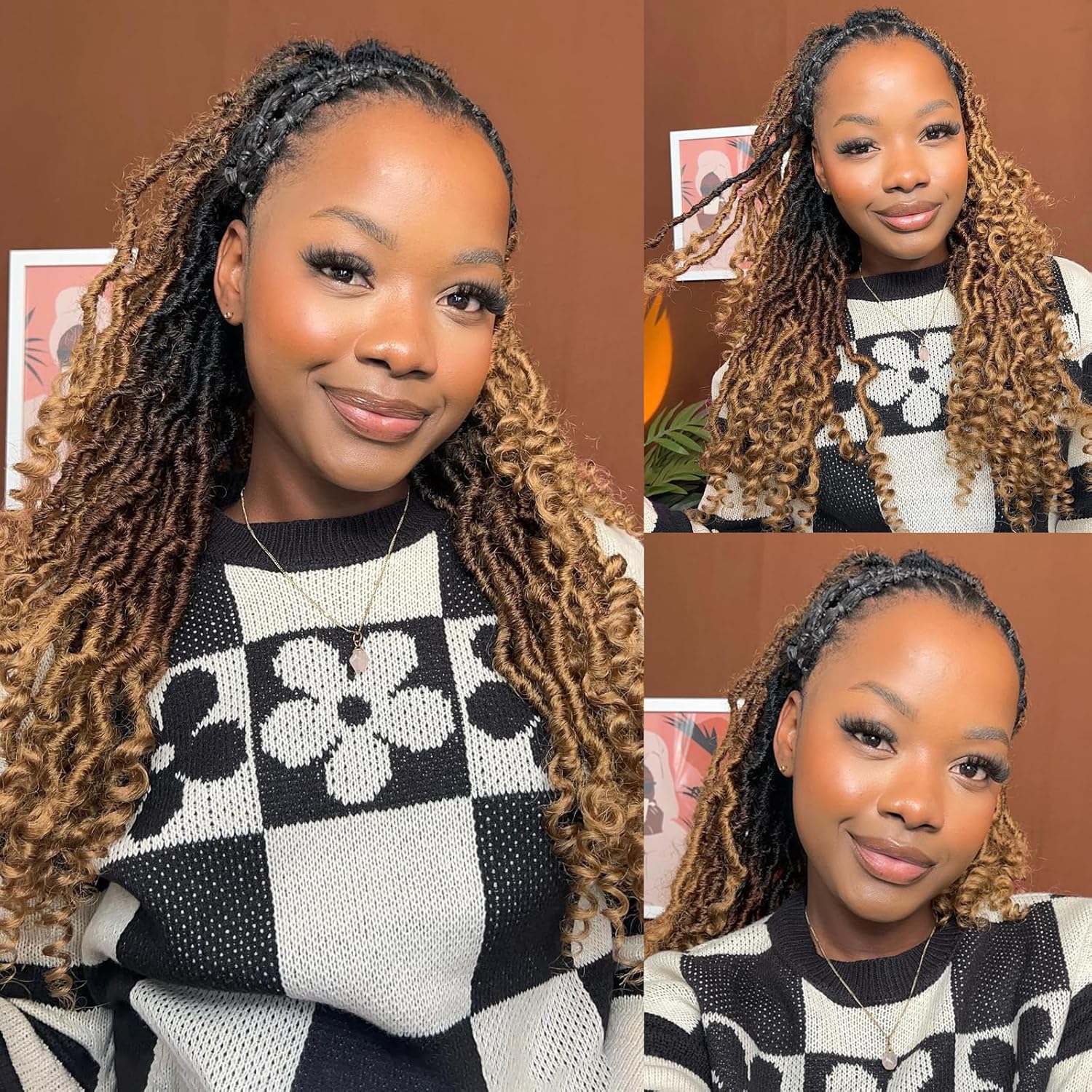 Toyotress Passion Locs – Cabello de ganchillo de 14 pulgadas, 8 paquetes de cabello sintético ombré marrón rubio con extremos rizados, extensiones