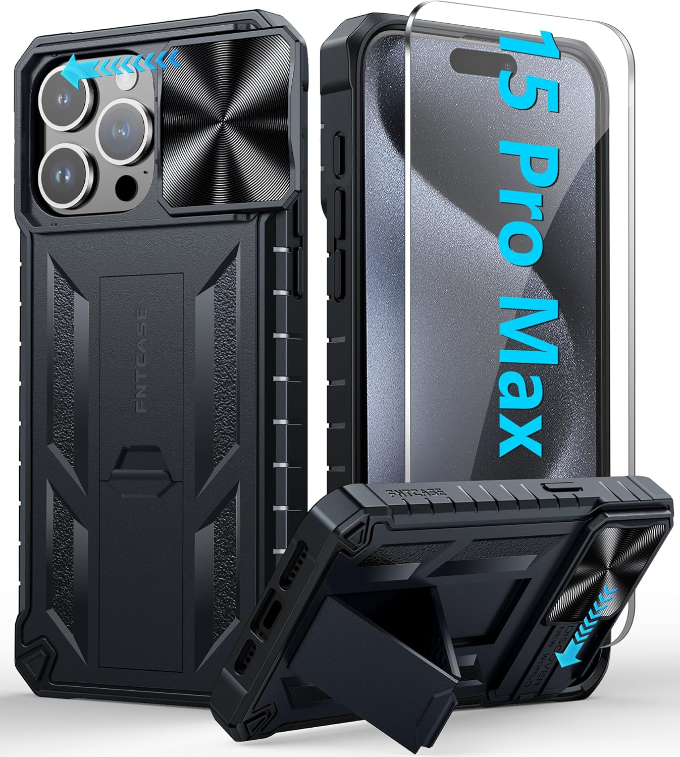 FNTCASE Funda para iPhone 15-Pro-Max Cubierta protectora de grado militar a prueba de caídas, resistente a prueba de golpes, con soporte y tobogán
