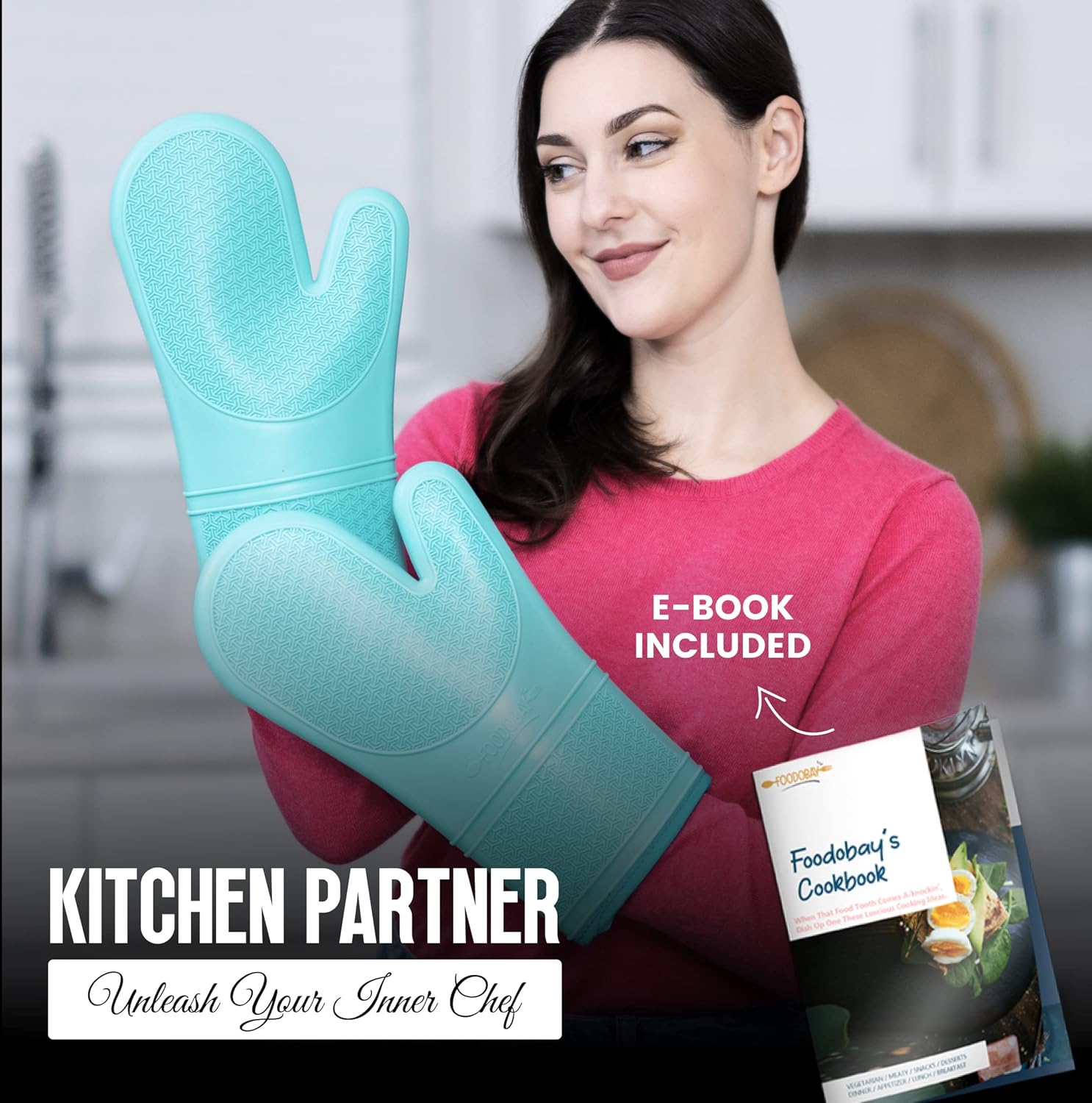 Guantes de horno de silicona resistentes al calor, 500F – 14.5 pulgadas, extra largos, diseño de agarre, guantes de horno de silicona con forro