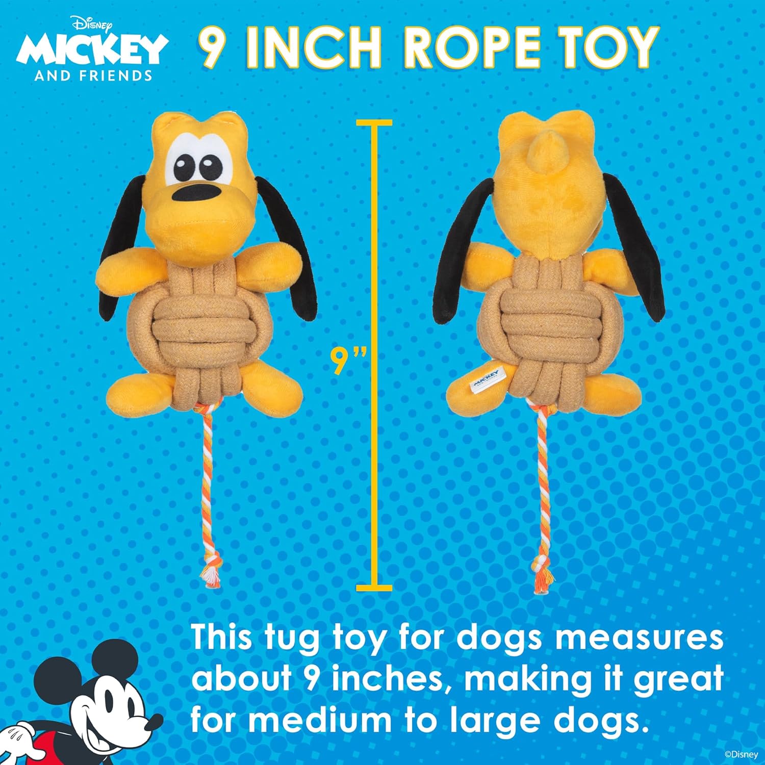 Disney for Pets Pluto – Juguete para mascotas de cuerda anudada con chirriador, 9 pulgadas, juguetes chirriantes para perros  Juguete de cuerda para