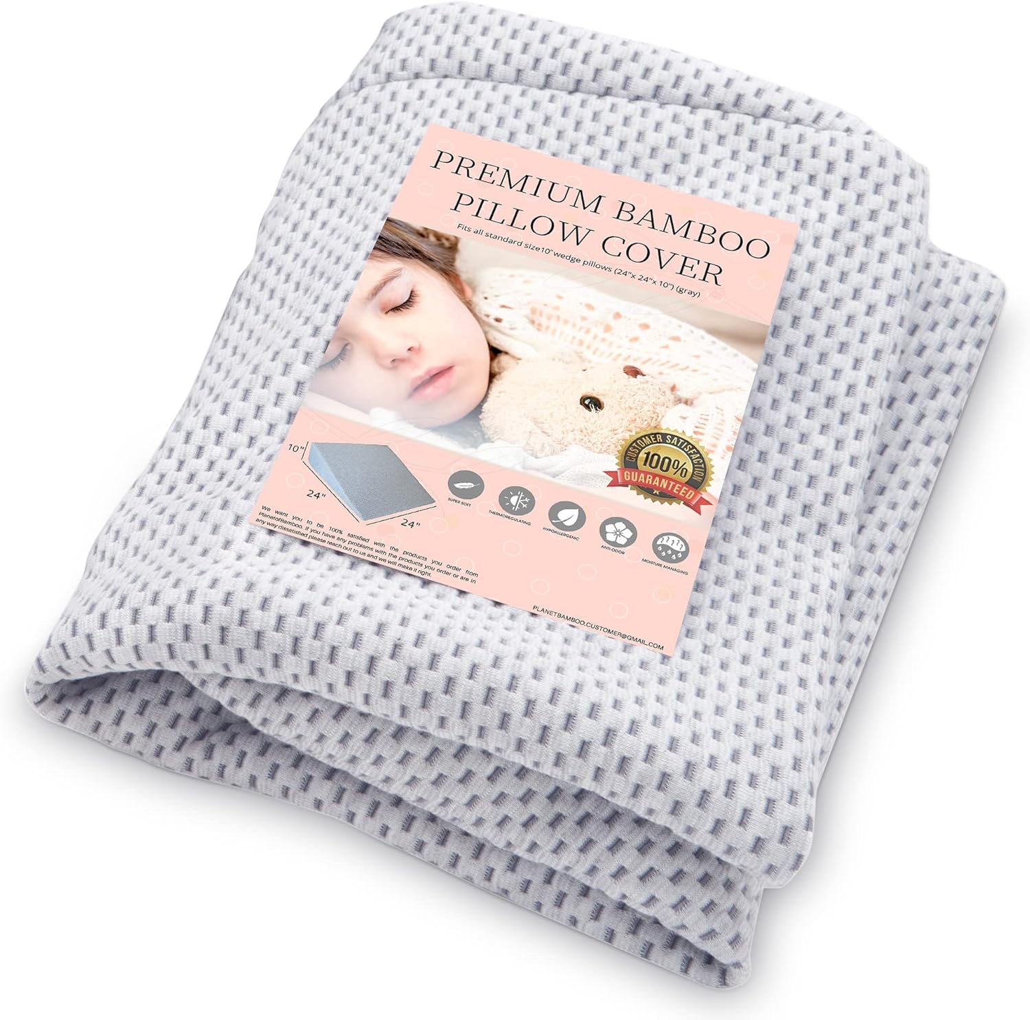 PLANETOFBAMBOO Funda de almohada de cuña de repuesto de viscosa de bambú (24 x 24 x 10) con cremallera, absorbente del sudor, absorbe la humedad,