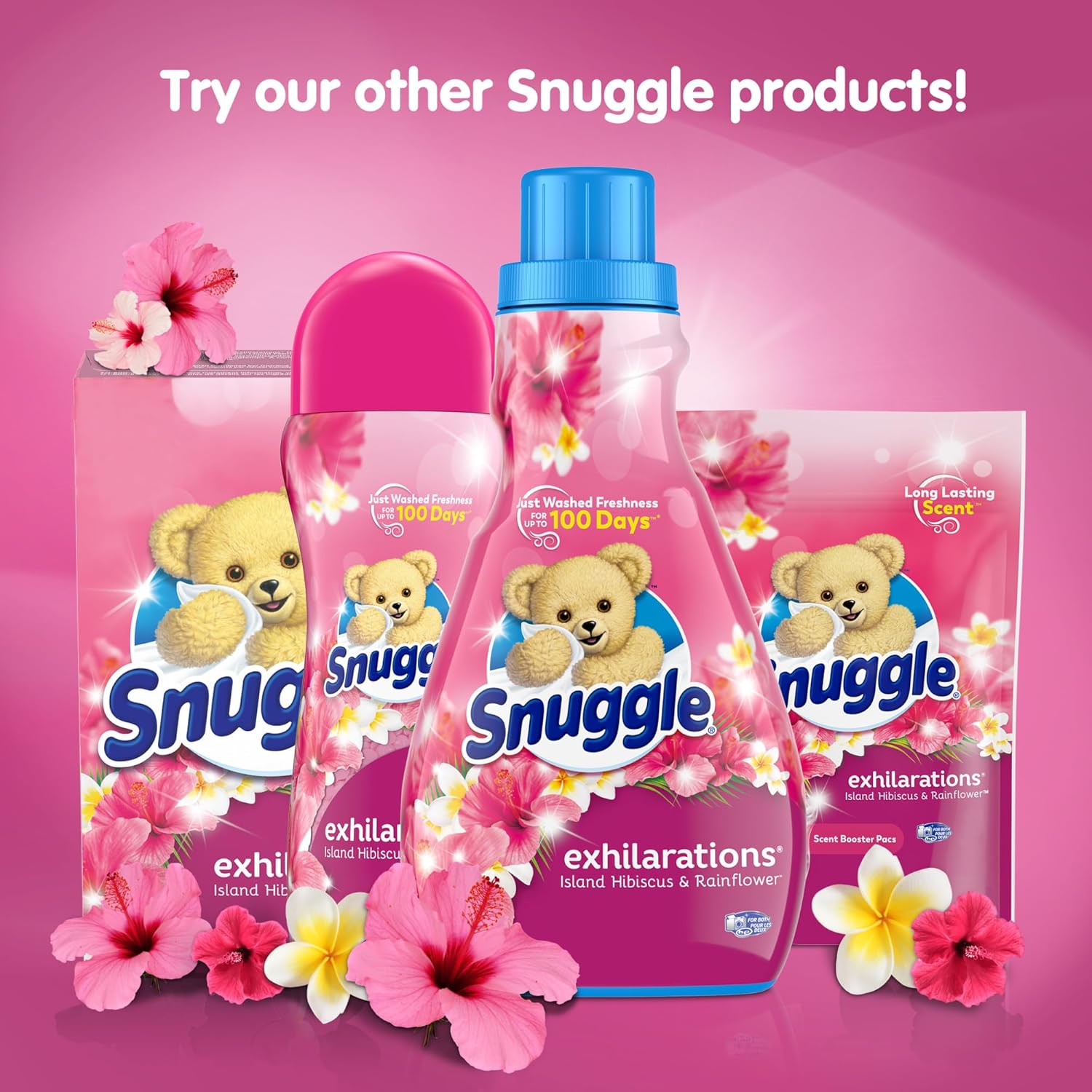 Snuggle Exhilarations in Wash – Paquete potenciador de aroma para lavandería, hibisco de isla y flor de lluvia, 56 unidades