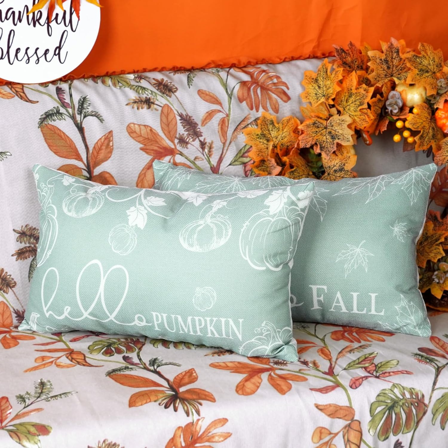 ONWAY Juego de 2 fundas de almohada otoñales de 12 x 20 pulgadas, diseño de calabaza, hojas de arce y calabaza, decoración para exteriores, patio,