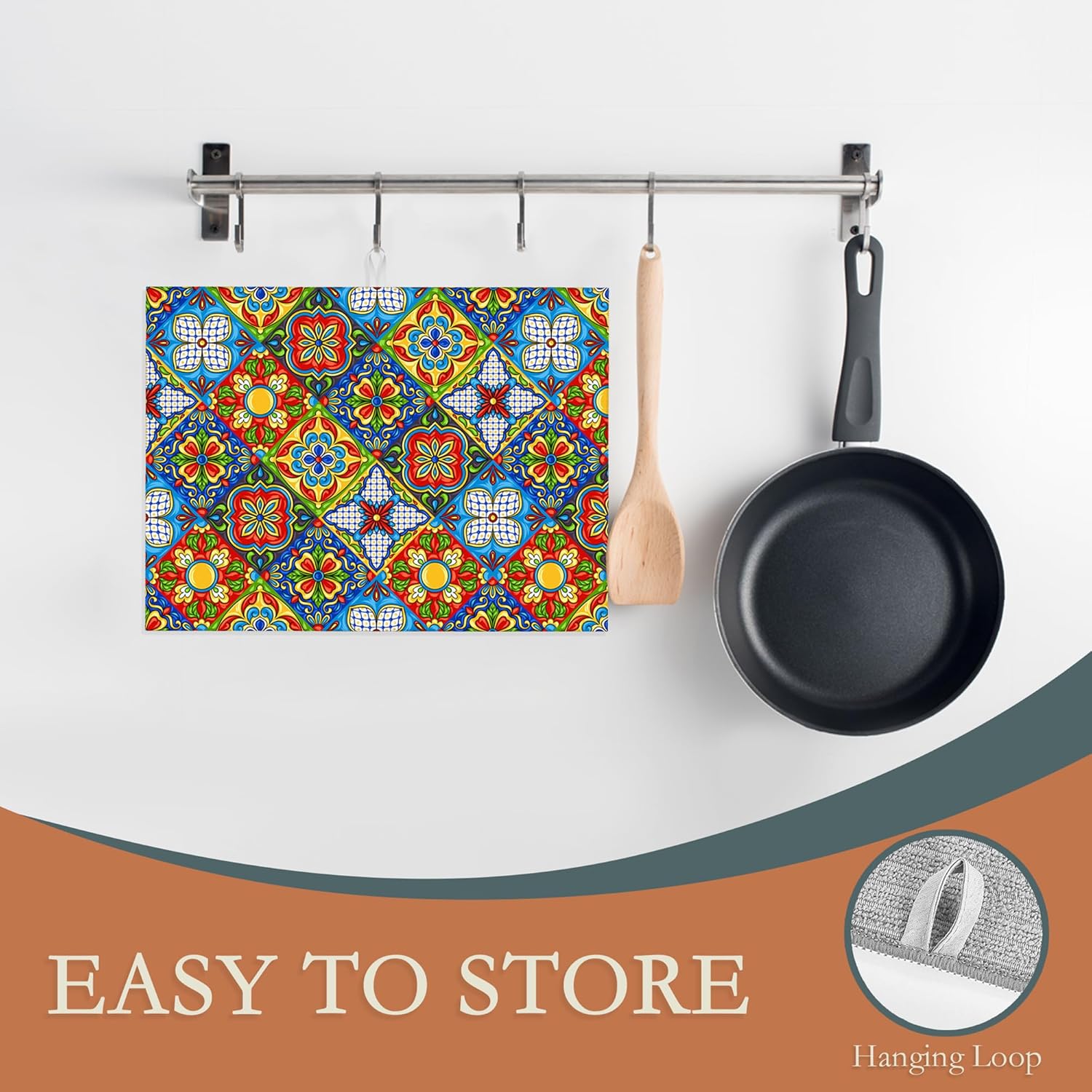 UIUPRO Tapete de secado de platos de azulejos mexicanos, tapete de secado bohemio de estilo bohemio, tapete de microfibra ultra absorbente para