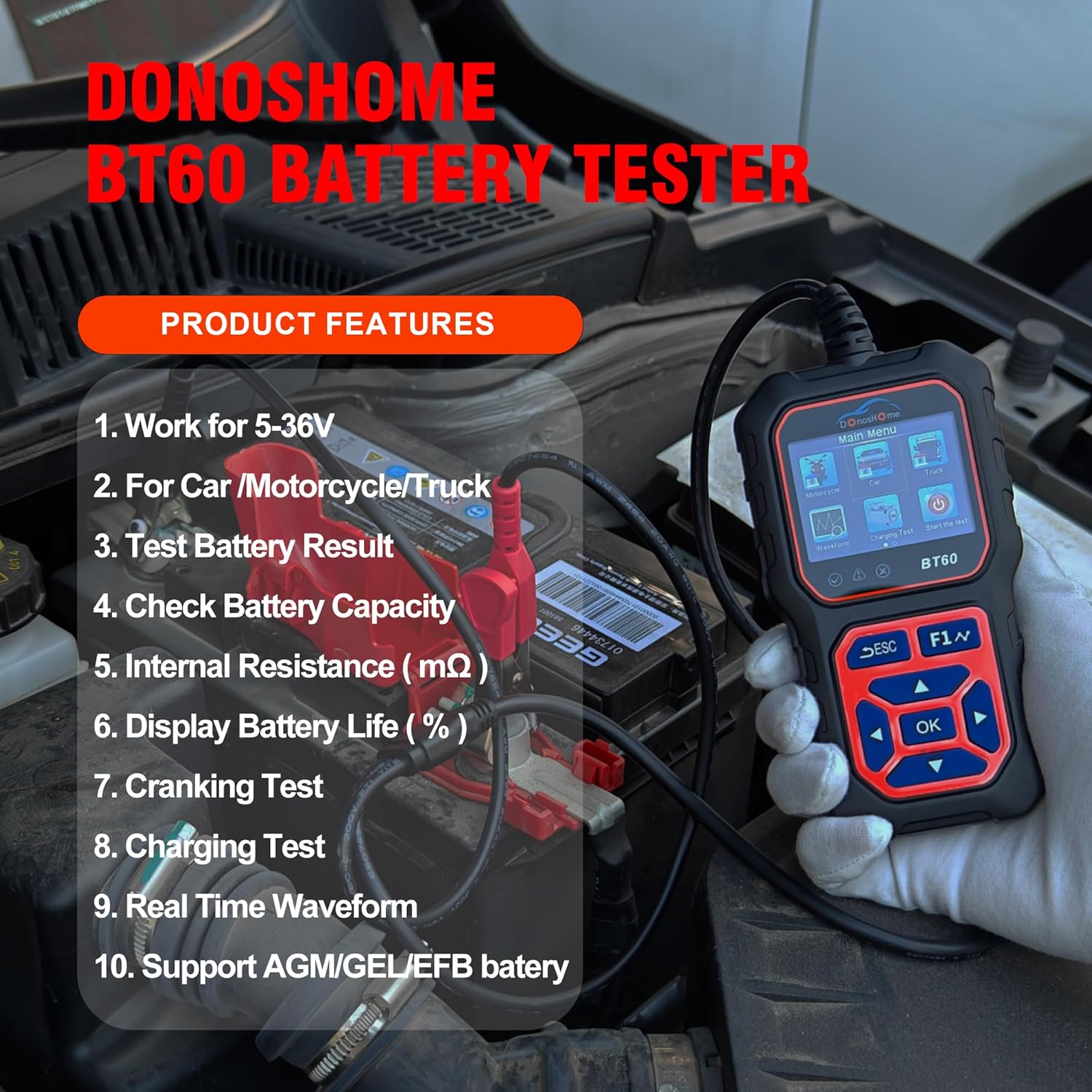 DonosHome Probador de batería 5-36V 100-3000 CCA Probador de batería de coche Probador de batería de coche AGM de gel de litio para alternador de