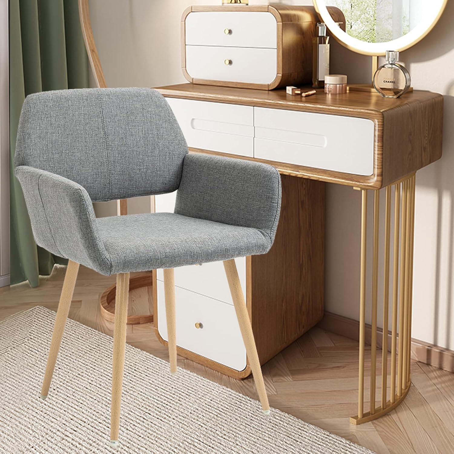 Henf Sillas de comedor de tela, sillas laterales de mediados de siglo con patas de acero de pintura sólida para comedor, silla de escritorio de