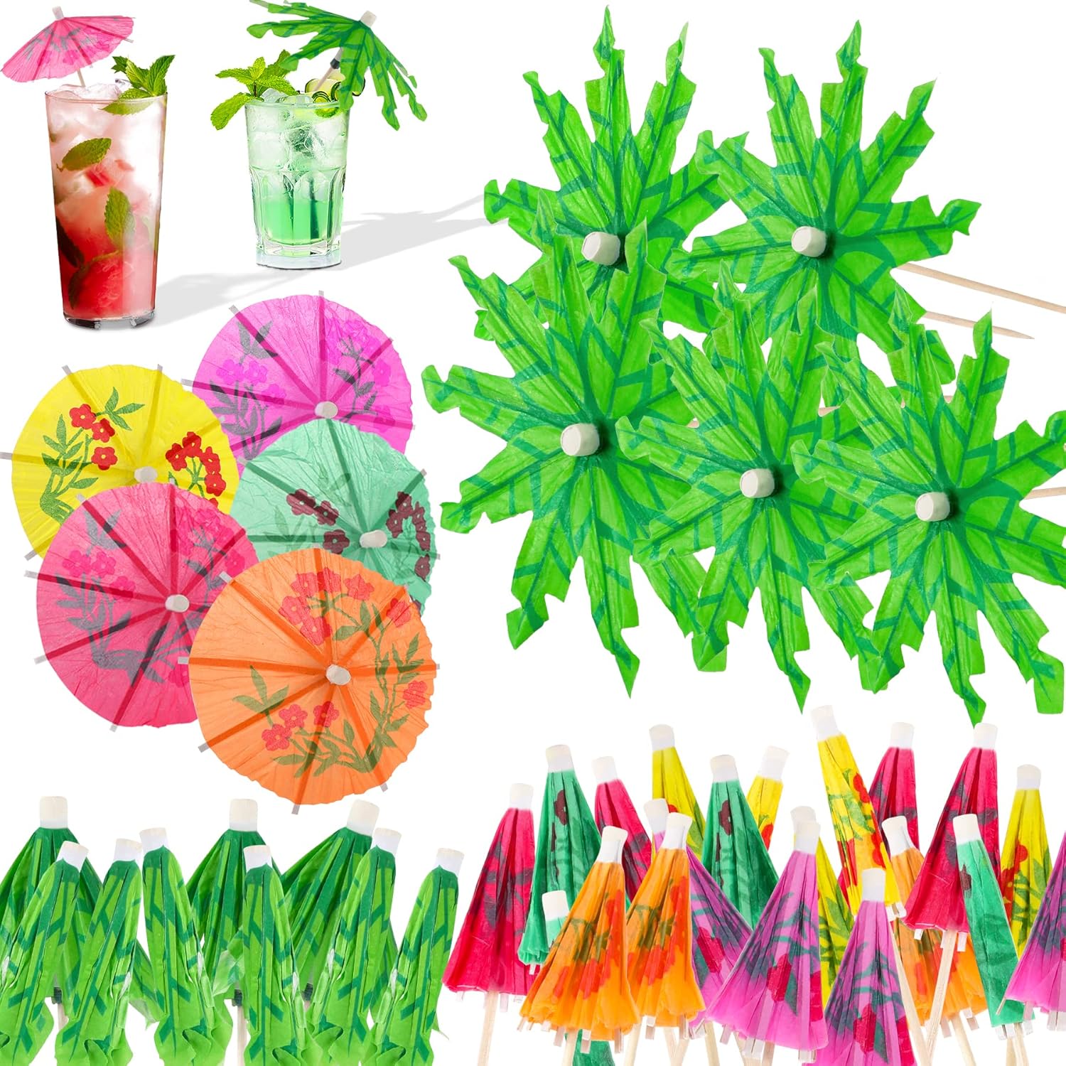 UPINS 100 piezas de sombrillas de bebida para cóctel, palmera de coco tropical verde, sombrillas de papel, sombrillas de cóctel para cupcakes,
