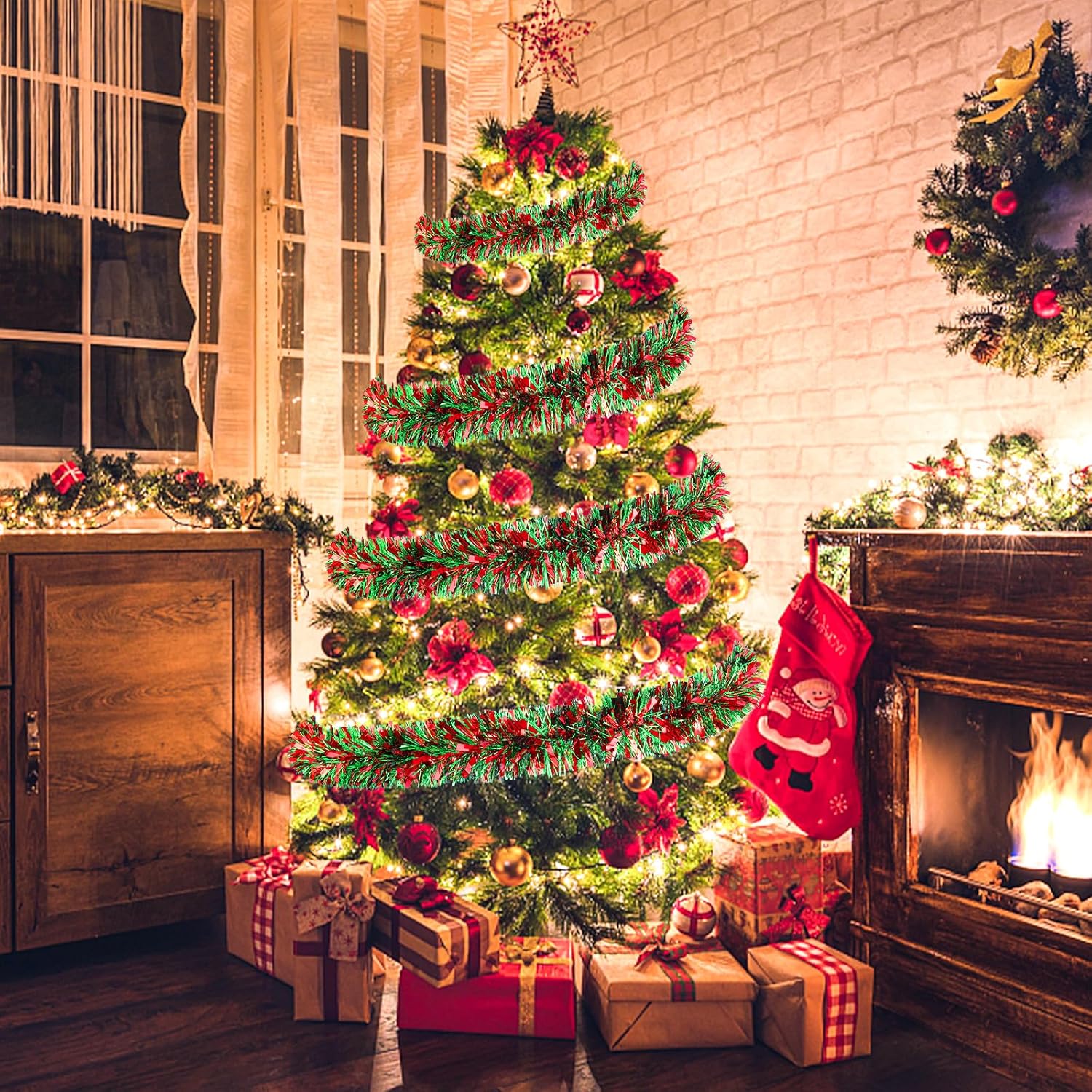 Guirnalda de oropel de Navidad de 72 pies, decoraciones metálicas gruesas y elásticas para árbol de Navidad, adornos de Navidad rojos y verdes