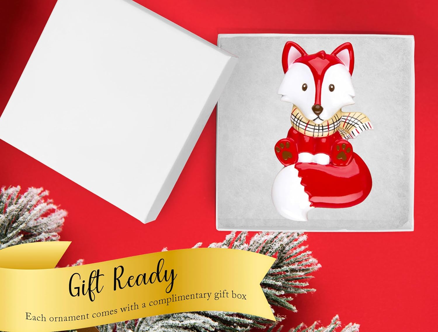 Adorno de Navidad de zorro personalizado 2023  Personalización escrita a mano gratis  Figura de zorro rojo con bufanda de tartán, idea de regalo