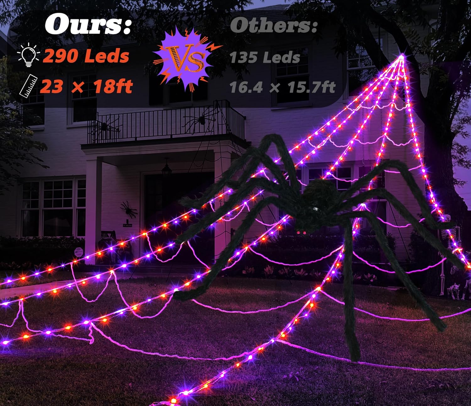 Telarañas para decoración de Halloween al aire libre, 290 luces LED de telaraña, decoración con araña grande de 78.7 pulgadas y telaraña elástica de