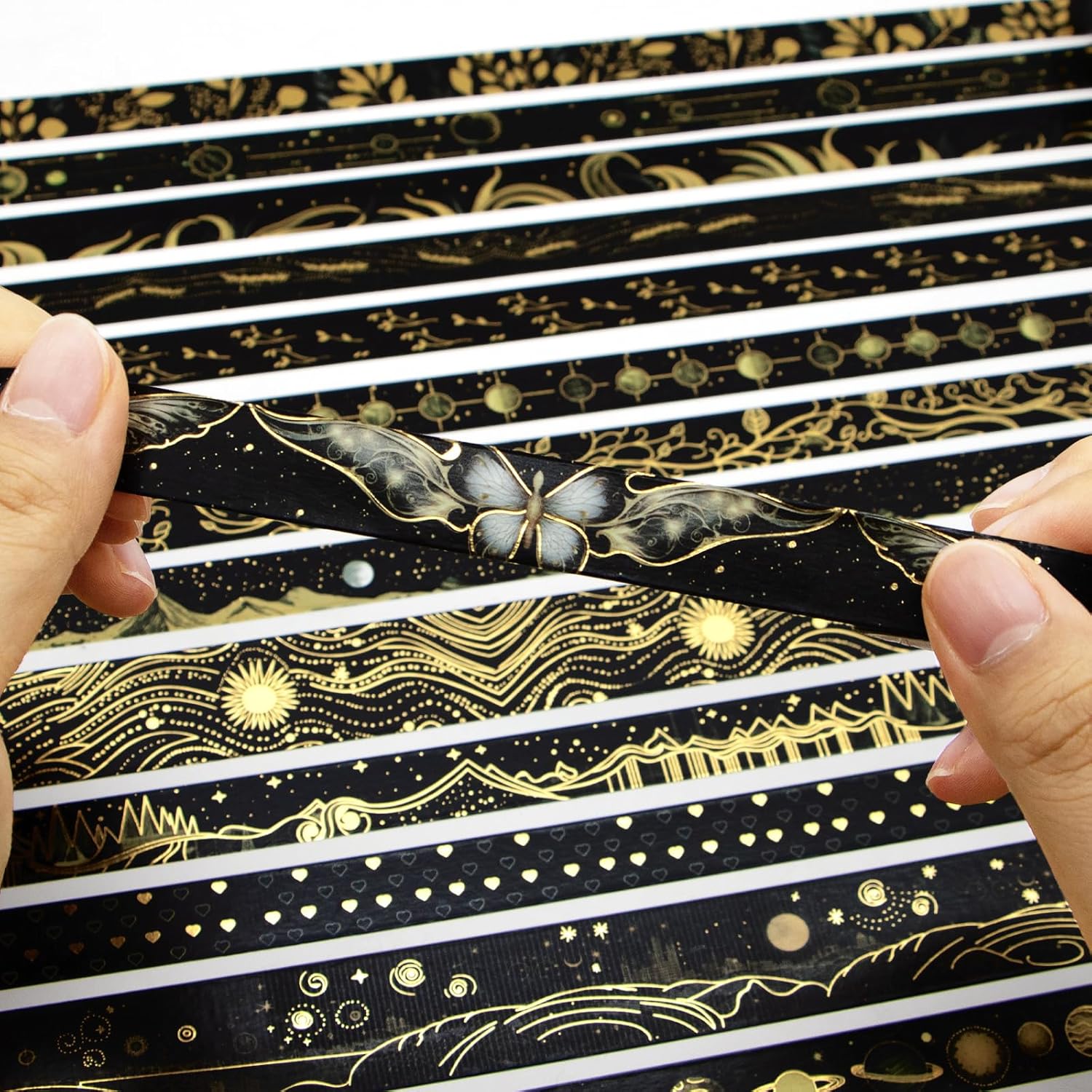 Juego de cinta washi negra, 27 rollos de cinta adhesiva decorativa de lámina dorada negra para diario de viñetas, suministros de álbumes de