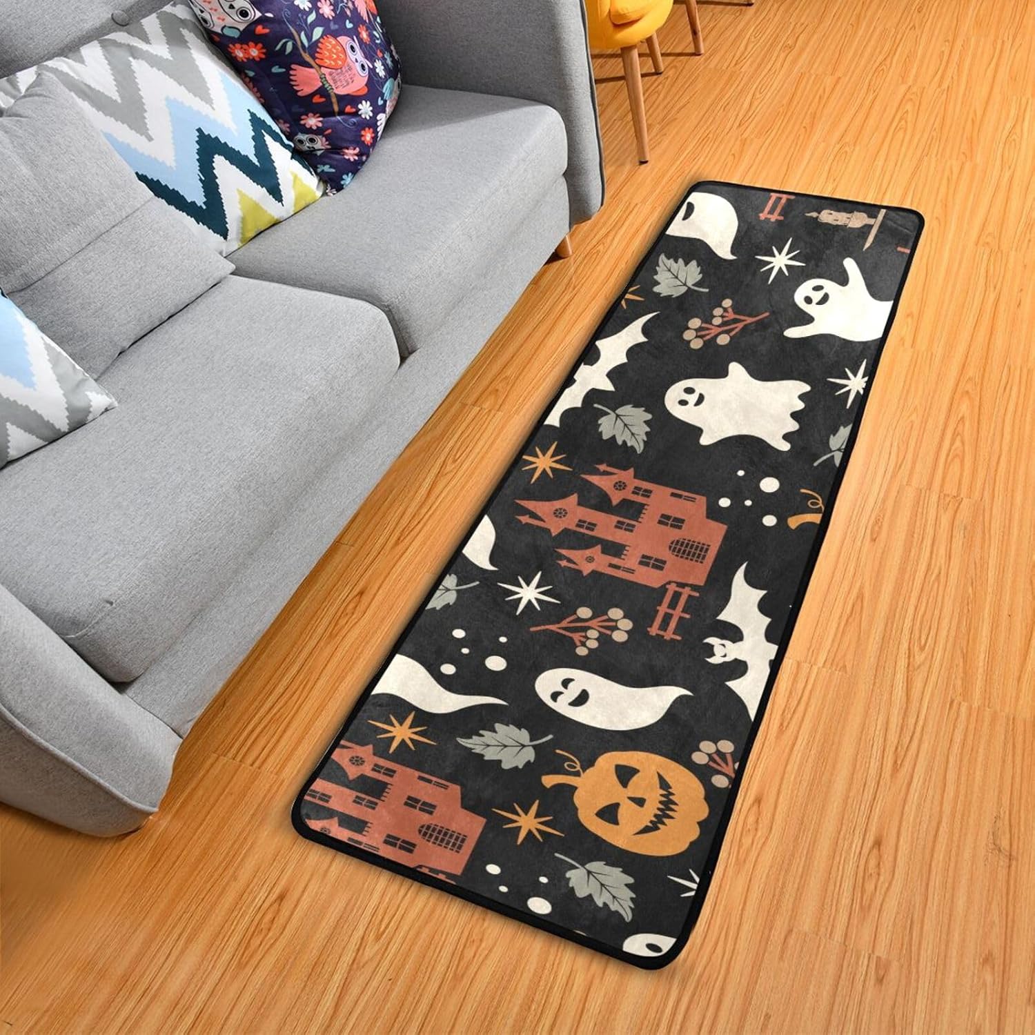xigua Alfombra de área con patrón de Halloween, lavable de 2 x 6 pies, con respaldo de goma, alfombra antideslizante para interiores, sala de estar,