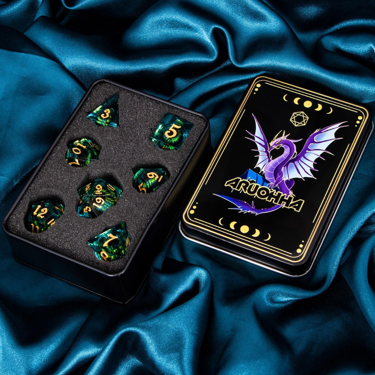 ARUOHHA DND – Juego de dados de ojo de dragón con núcleo líquido, resina azul, bordes afilados, con caja de regalo, dados poliédricos de Calabozos y