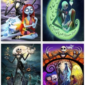 GemZono Paquete de 4 kits de pintura de diamantes para adultos y niños, bricolaje 5D Jack&Sally de Halloween con diamantes redondos, kit de pintura GemZono Paquete de 4 kits de pintura de diamantes para adultos y niños, bricolaje 5D Jack&Sally de Halloween con diamantes redondos, kit de pintura