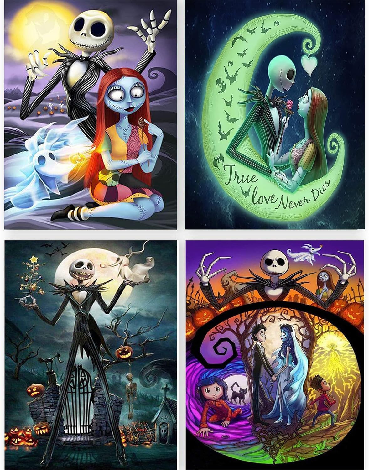 GemZono Paquete de 4 kits de pintura de diamantes para adultos y niños, bricolaje 5D Jack&Sally de Halloween con diamantes redondos, kit de pintura