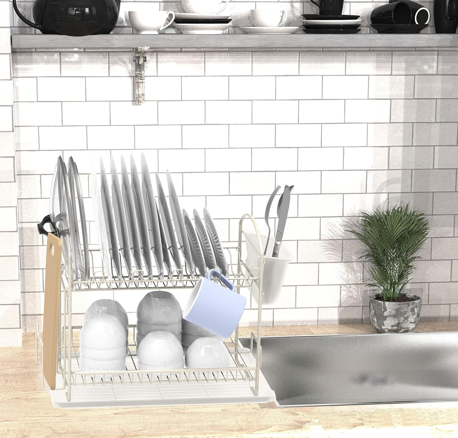 Simple Houseware Escurridor de platos de 2 niveles con escurridor, color blanco